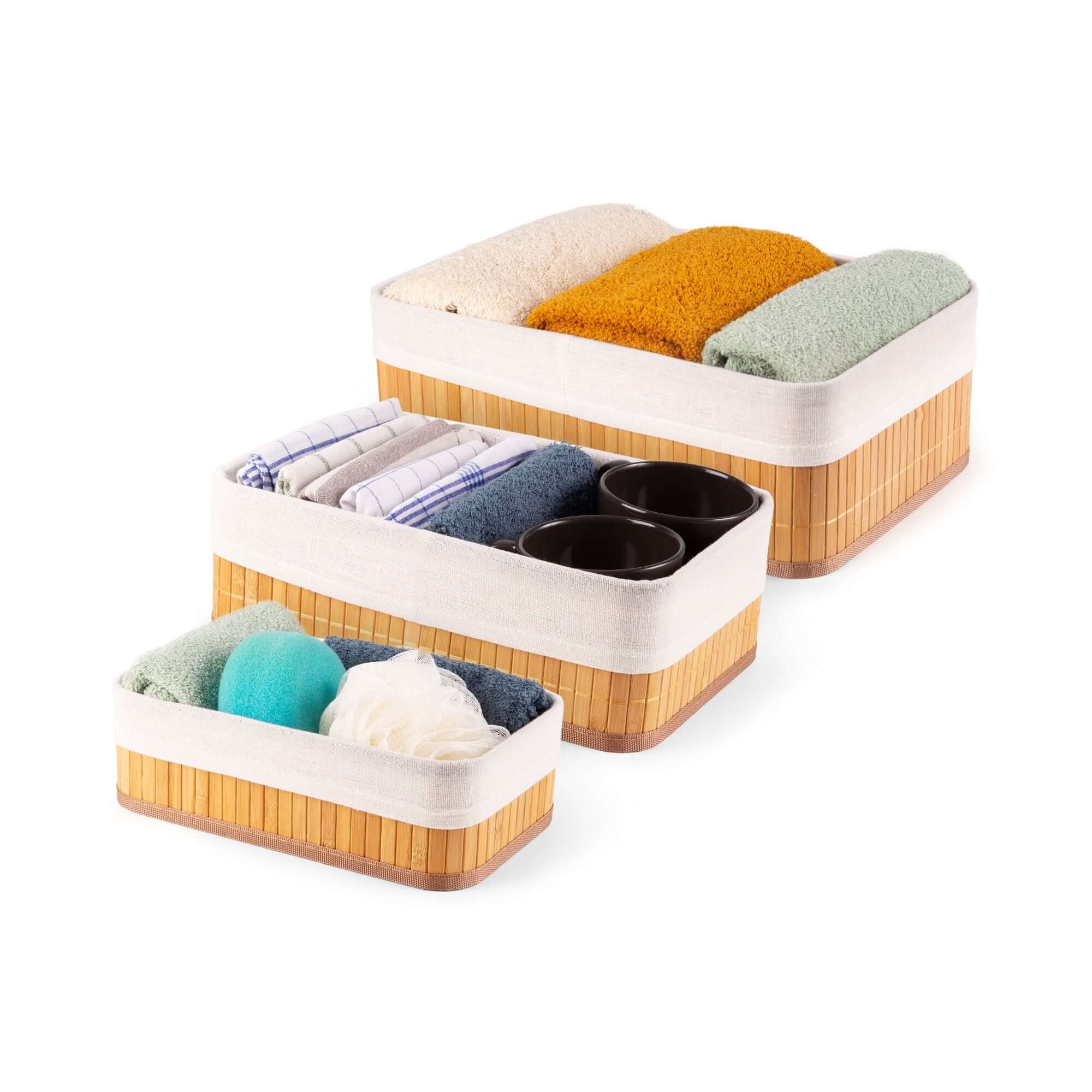 Lot de 3 paniers en bambou et tissus