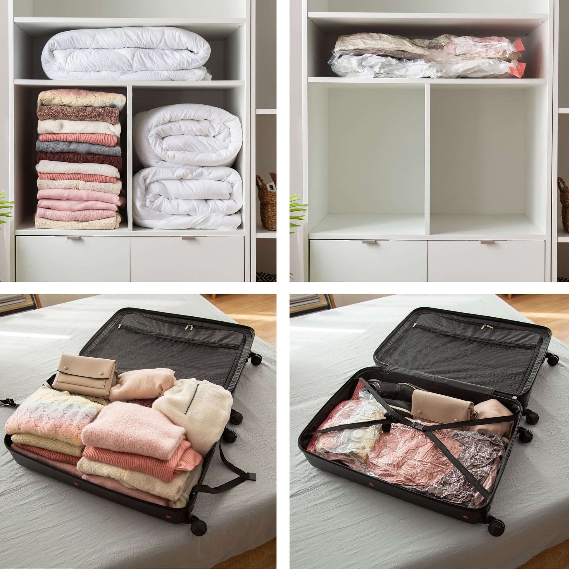 Lot 10 sacs rangement sous vide montrant des vêtements compressés et rangés dans des étagères et une valise.