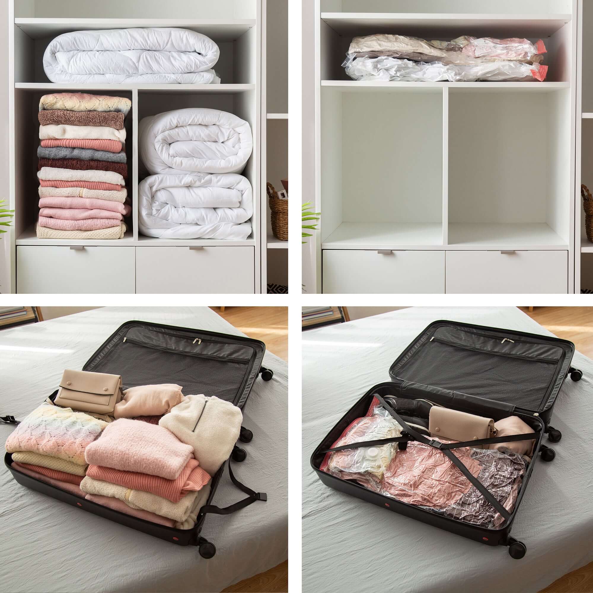 Lot 10 sacs rangement sous vide montrant des vêtements compressés et rangés dans des étagères et une valise.