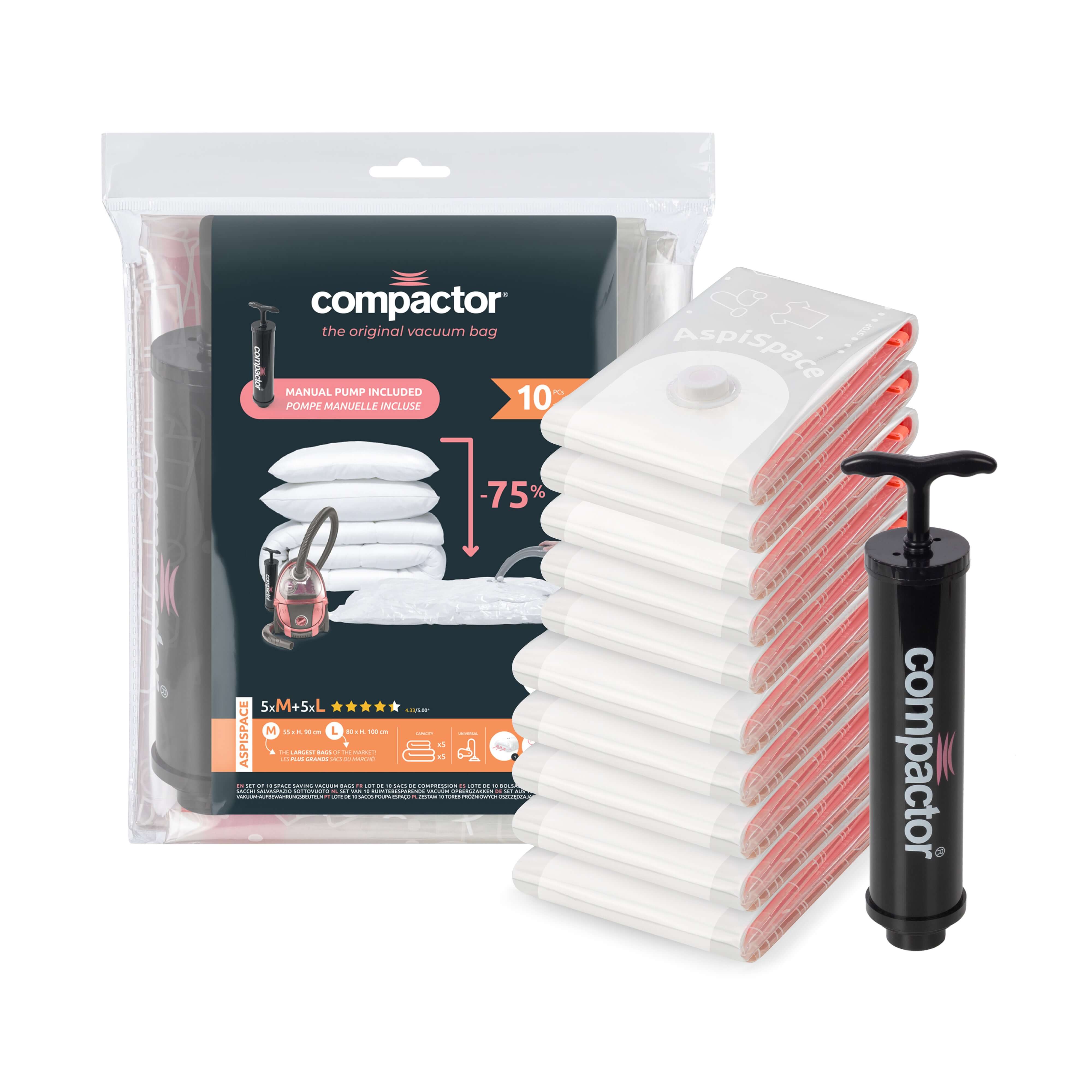 Lot de 10 sacs de rangement sous vide 5 M + 5 L AspiSpace + pompe manuelle