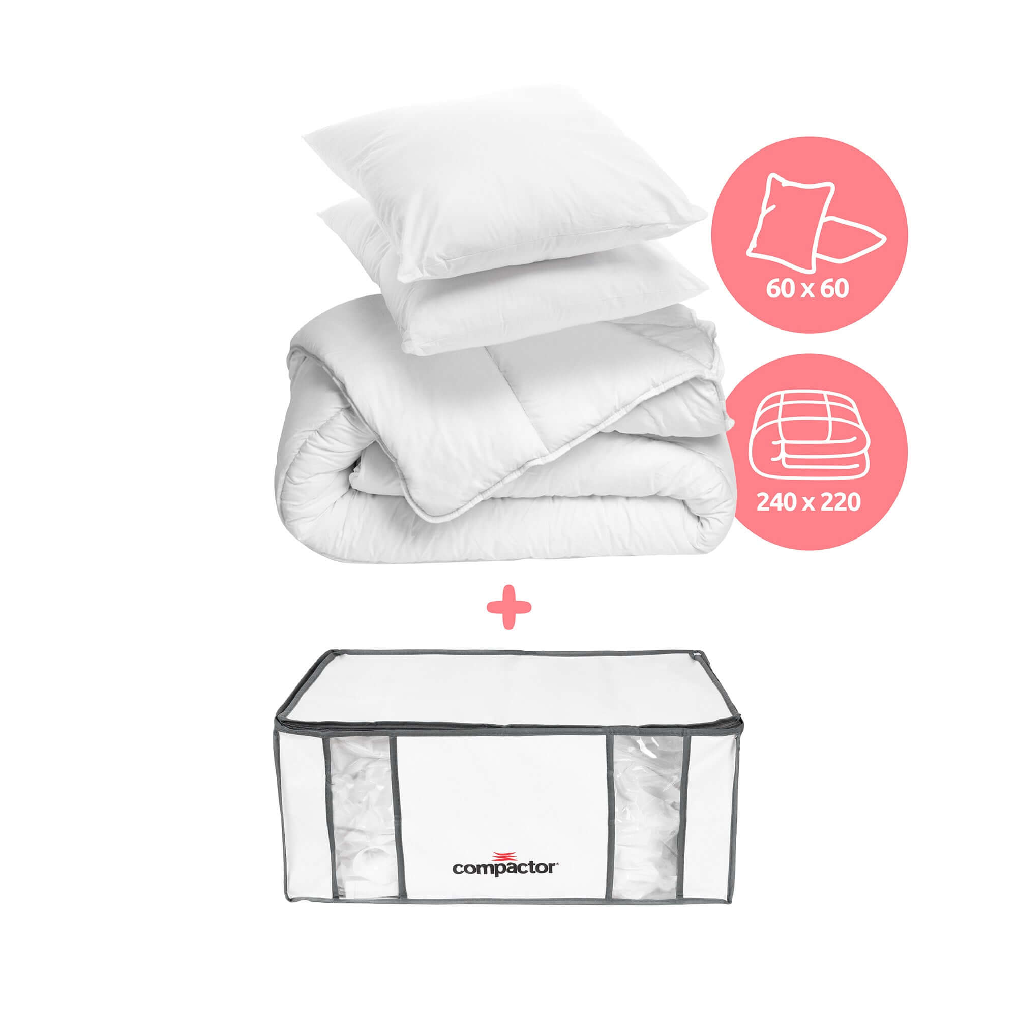 Pack couette 220x240 + 2 oreillers + housse de rangement sous vide Life taille XXL