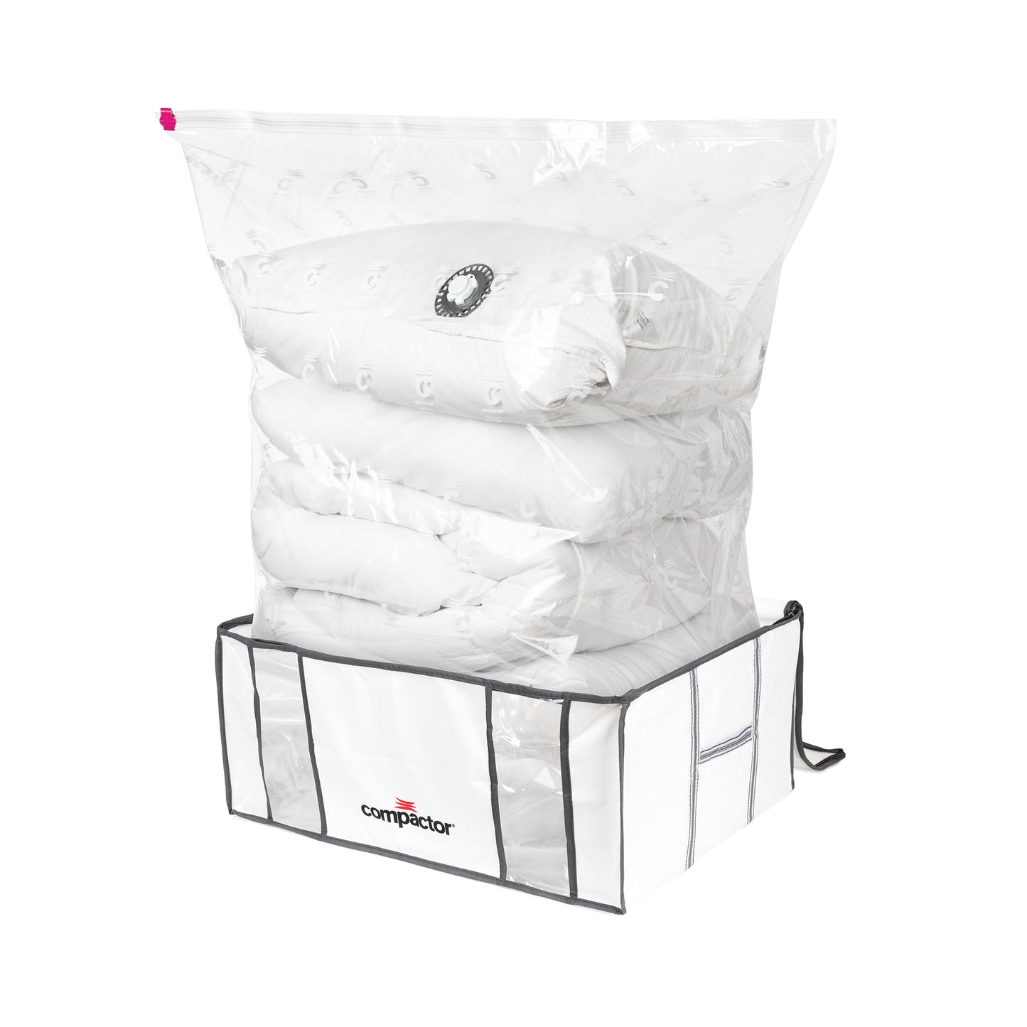 Pack edredón 220x240 + 2 almohadas + funda de almacenaje al vacío Life tamaño XXL blanco y gris