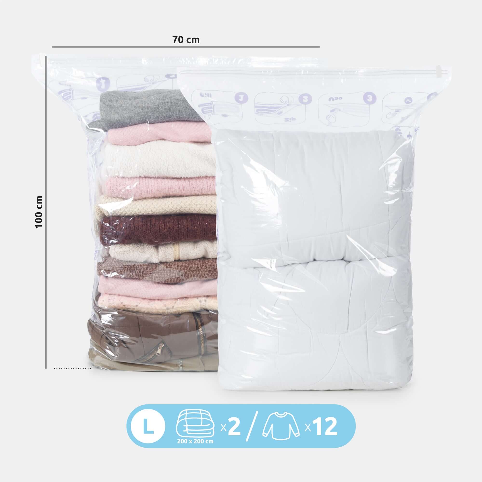 Pack 2 oreillers + sac de rangement sous vide Compress parfum lavande taille L transparents