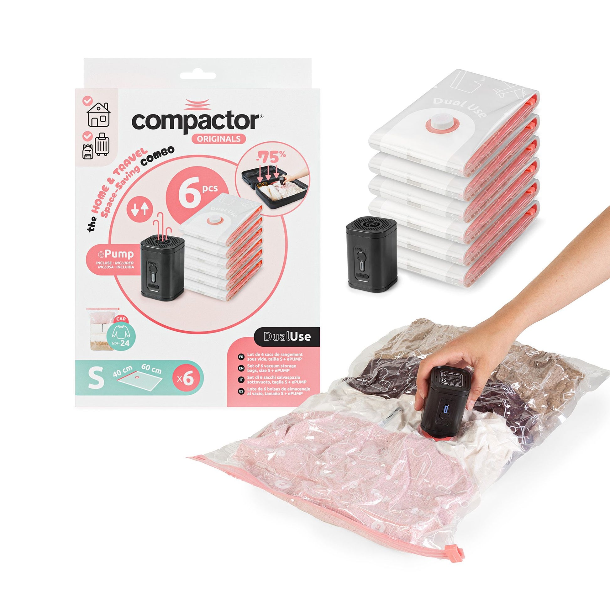 Lot de 6 sacs de rangement sous vide S Vac&Roll avec pompe électrique pour économiser de l'espace.