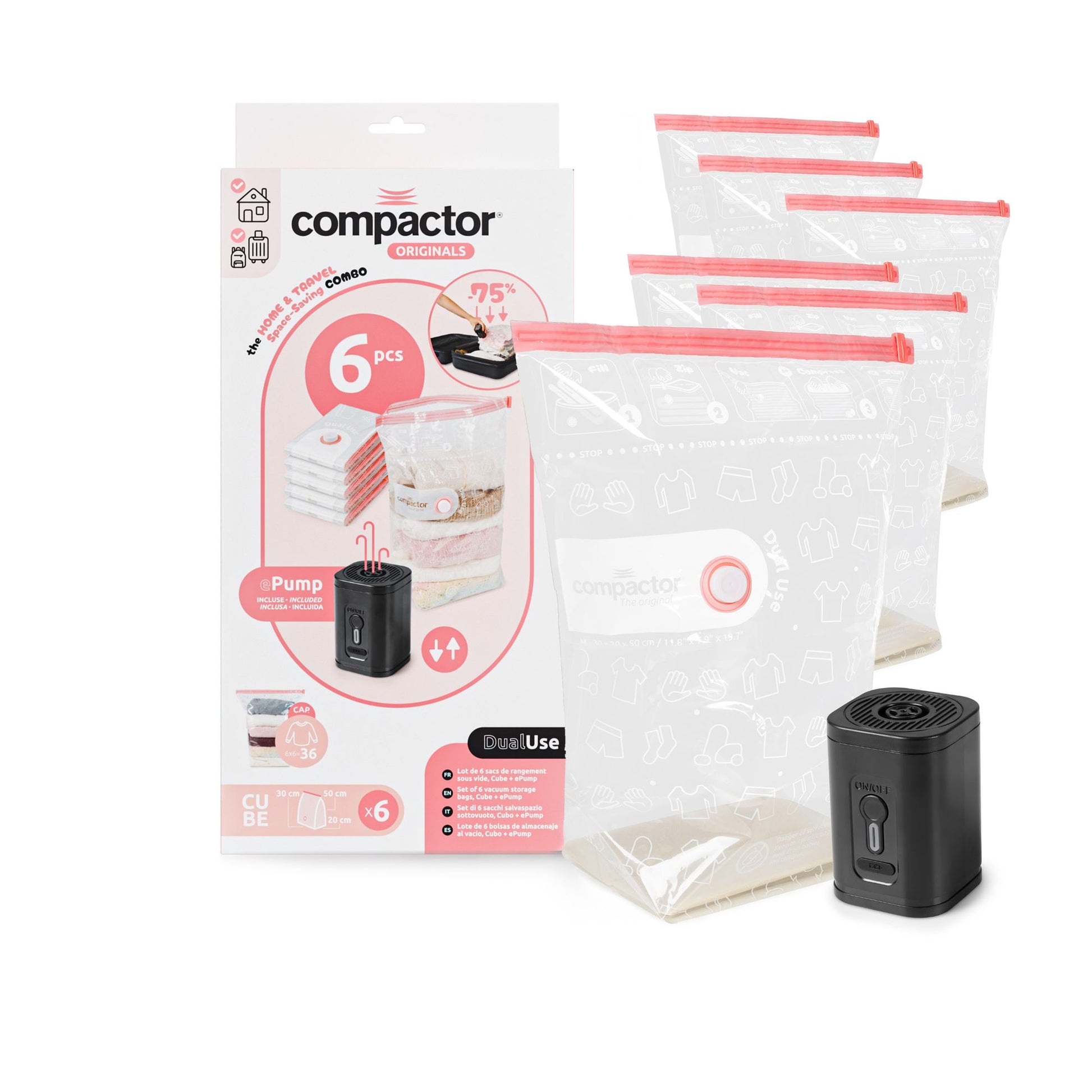 Lot 6 cubes rangement sous vide + pompe électrique de voyage