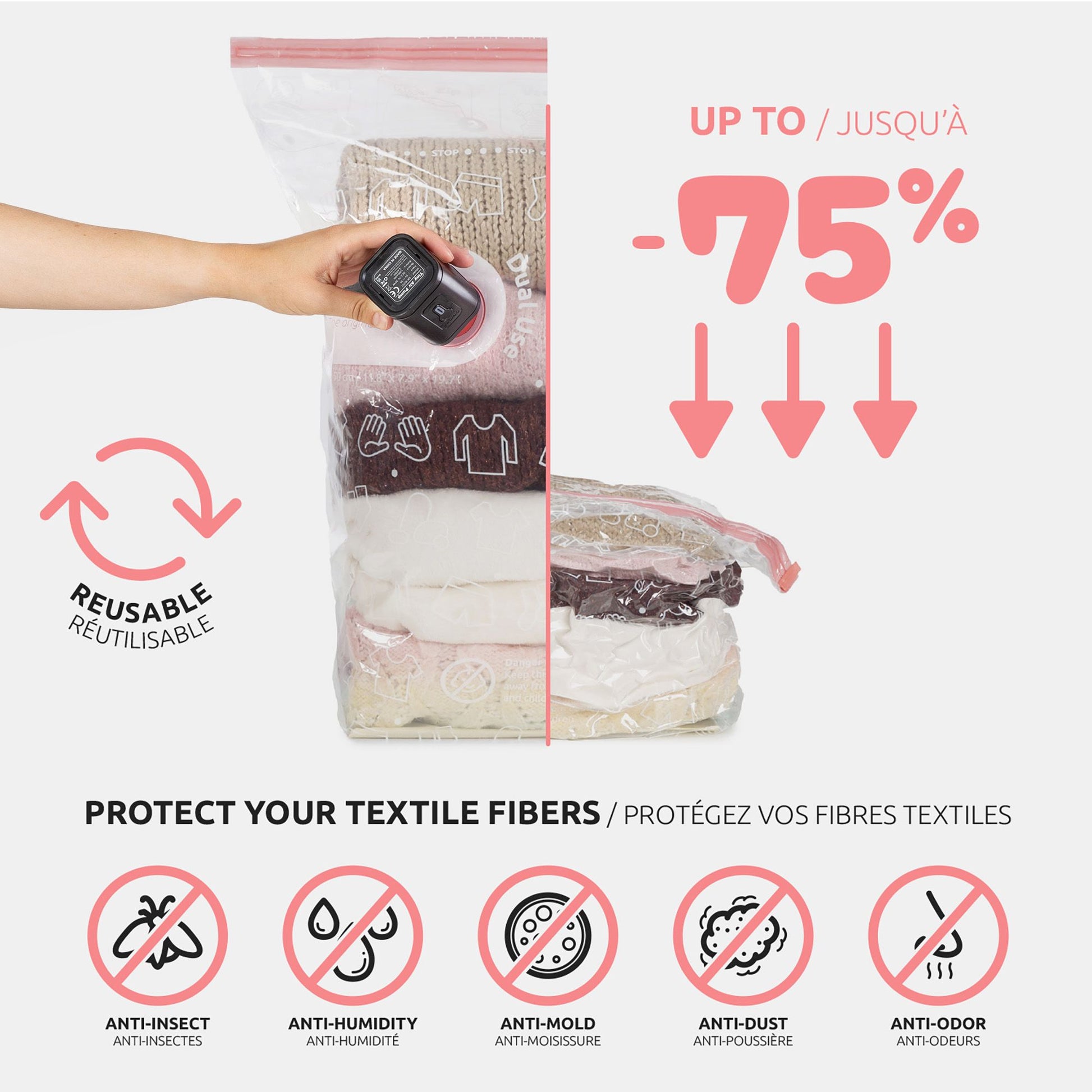 Lot 6 cubes rangement sous vide + pompe électrique avec réduction de volume jusqu'à 75%, protection des textiles.