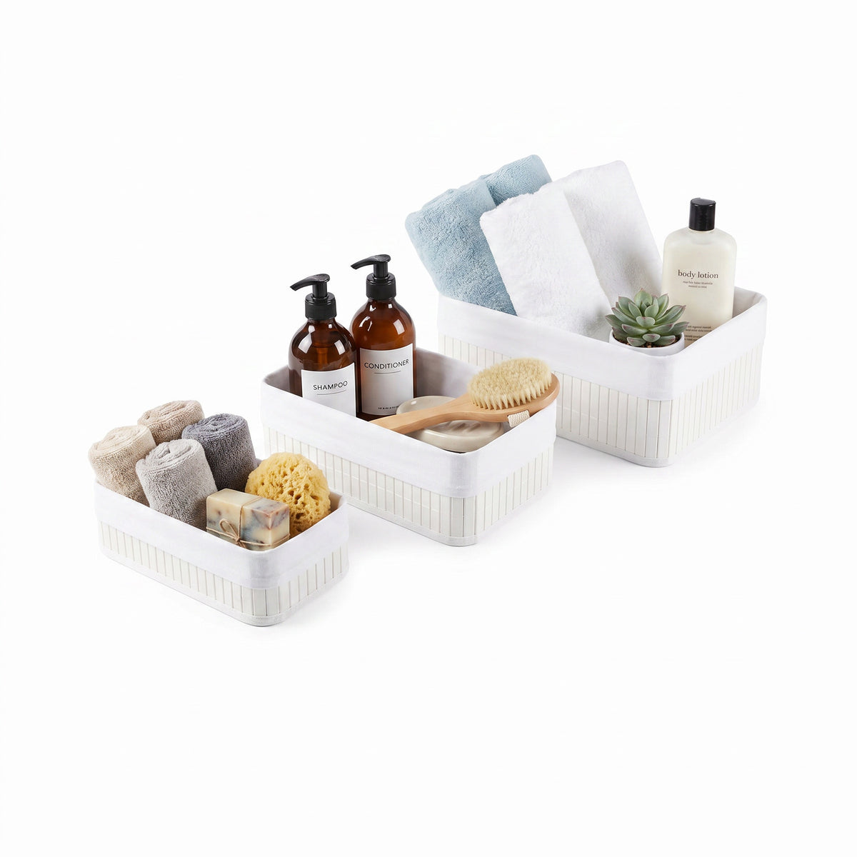 Lot 3 paniers rangement bambou blanc