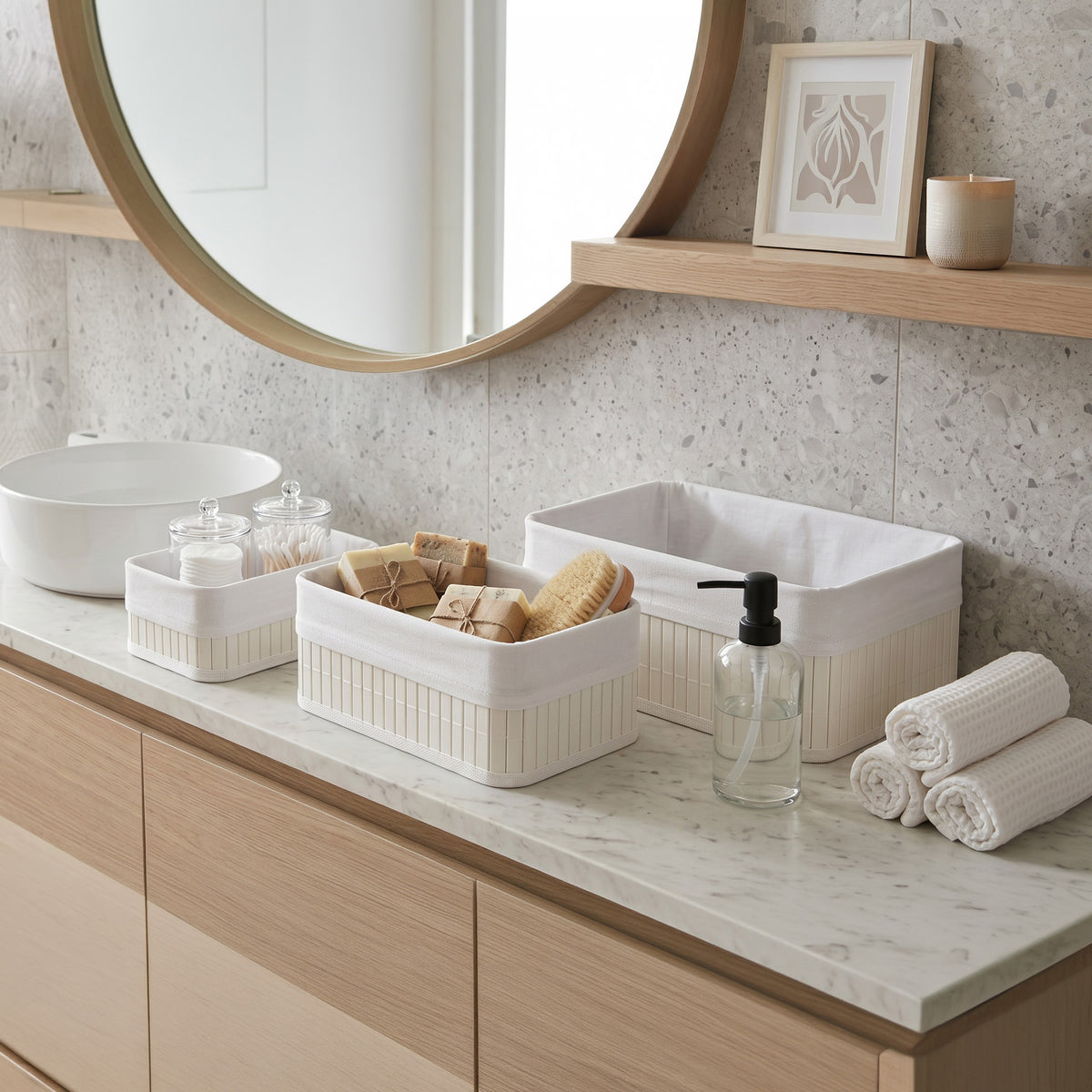 Lot 3 paniers rangement bambou blanc