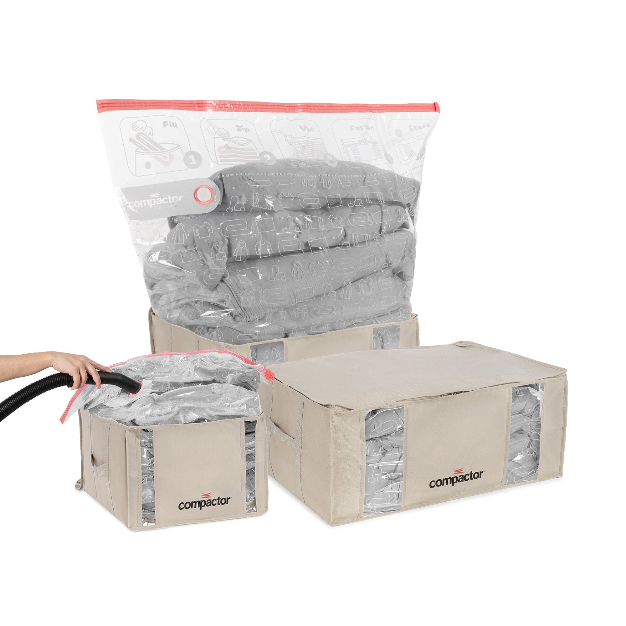 Lot 3 housses rangement sous vide XXL+M beige