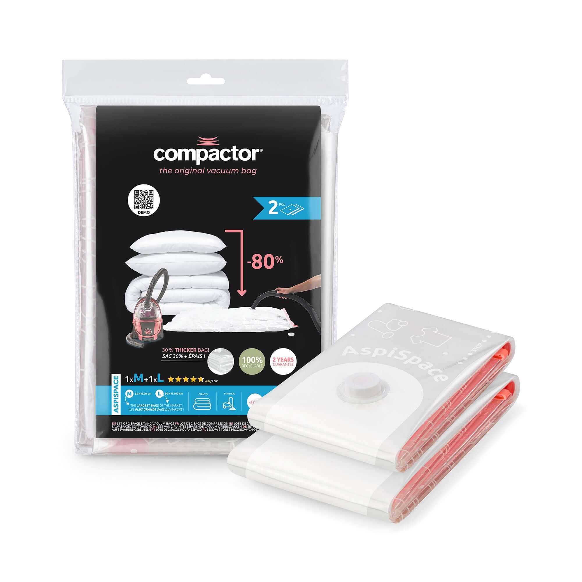 Lot de 2 sacs de rangement sous vide Aspispace Tailles M + L