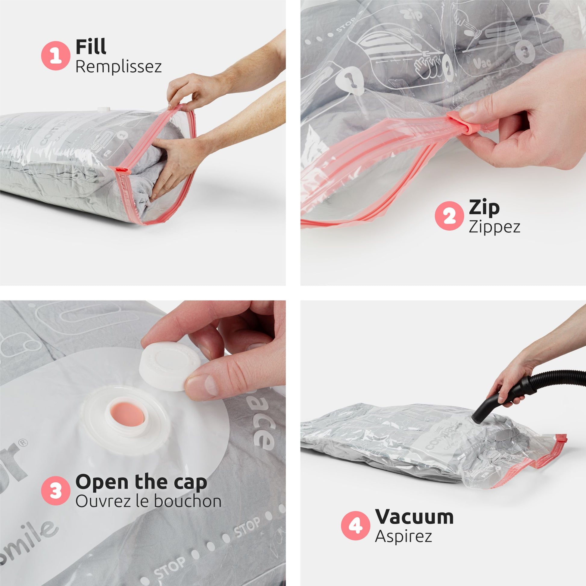 Instructions pour utiliser le Lot 10 sacs rangement sous vide, étapes de remplissage, fermeture, et aspiration.