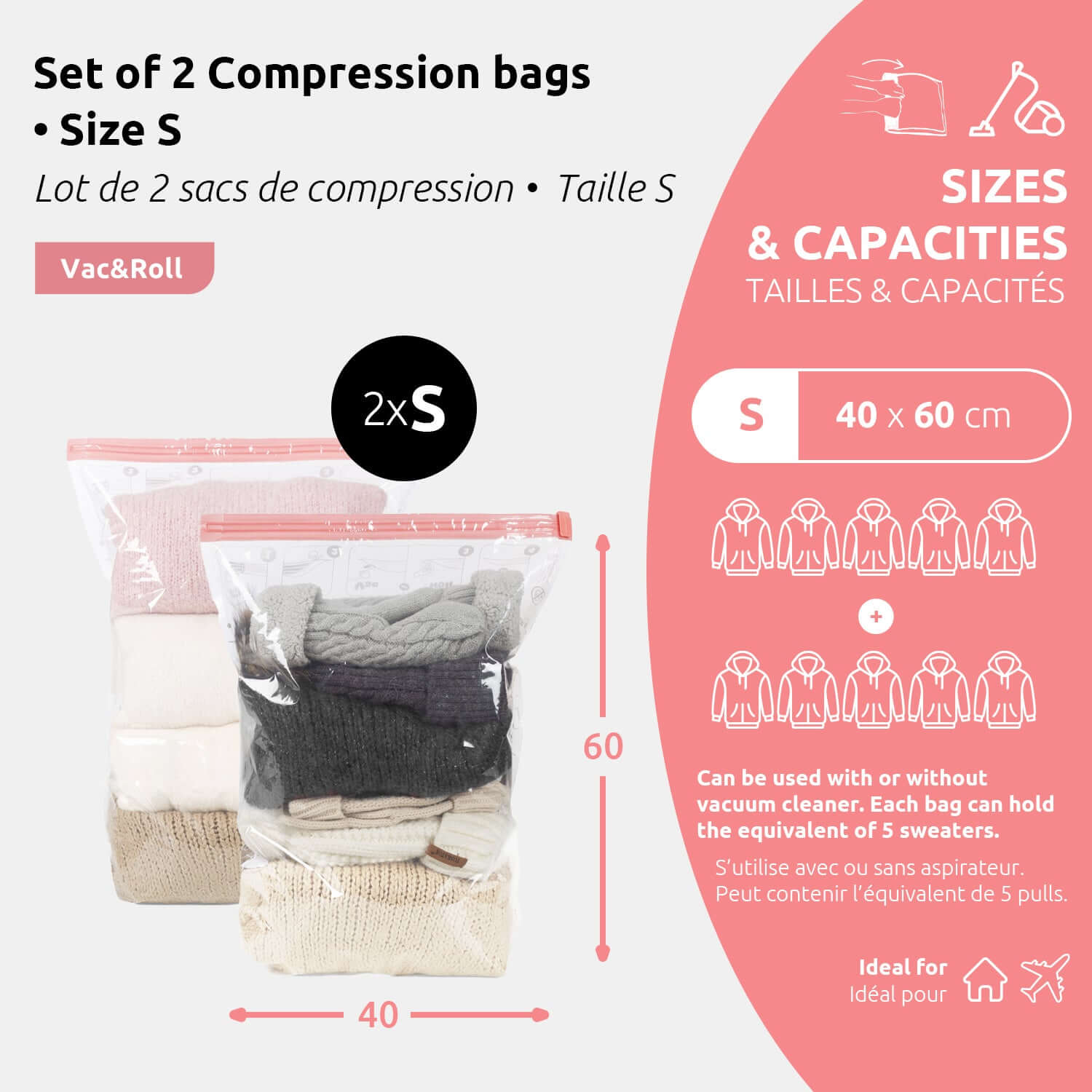 Lot de 2 sacs de rangement sous vide S Vac&Roll