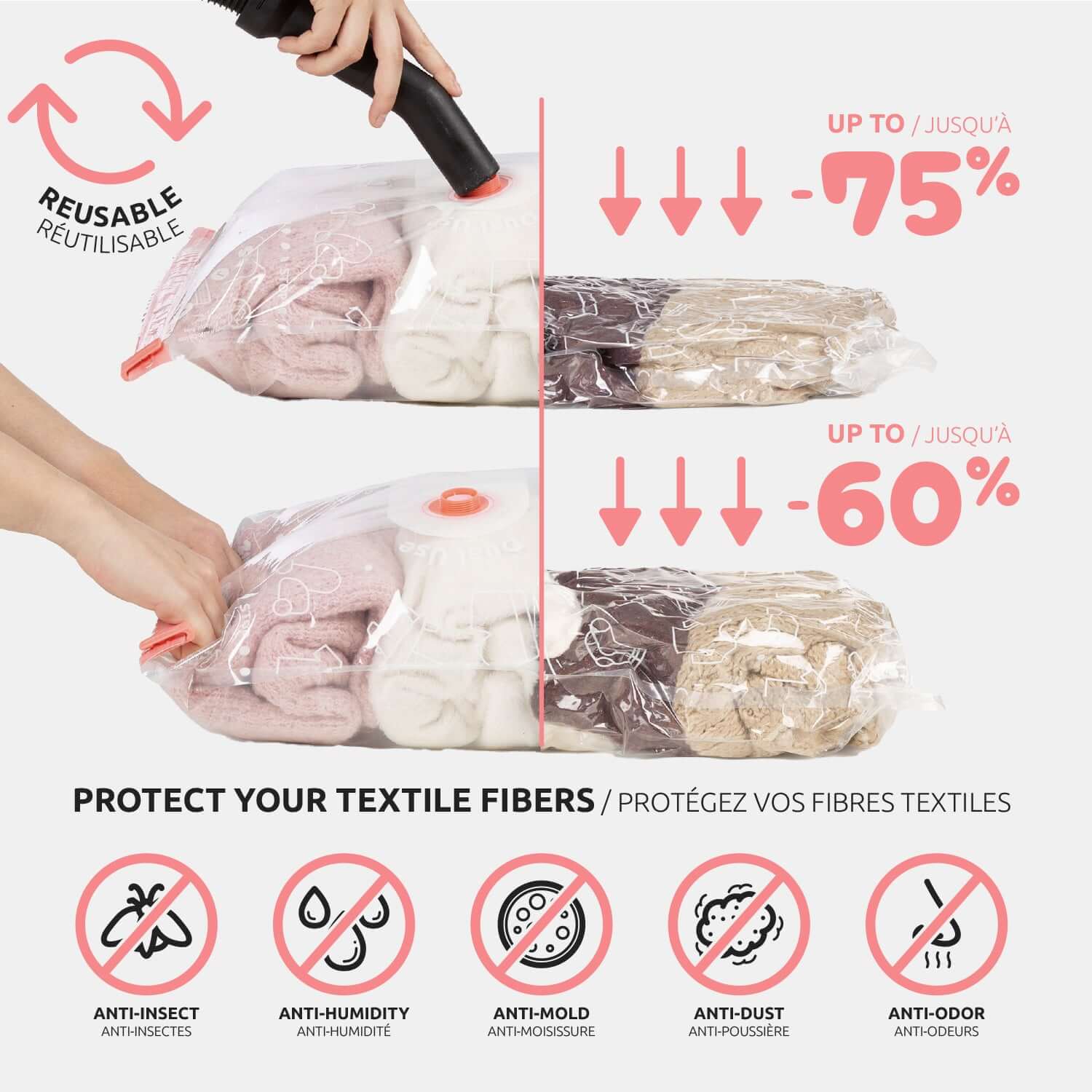 Lot de 2 sacs de rangement sous vide S Vac&Roll