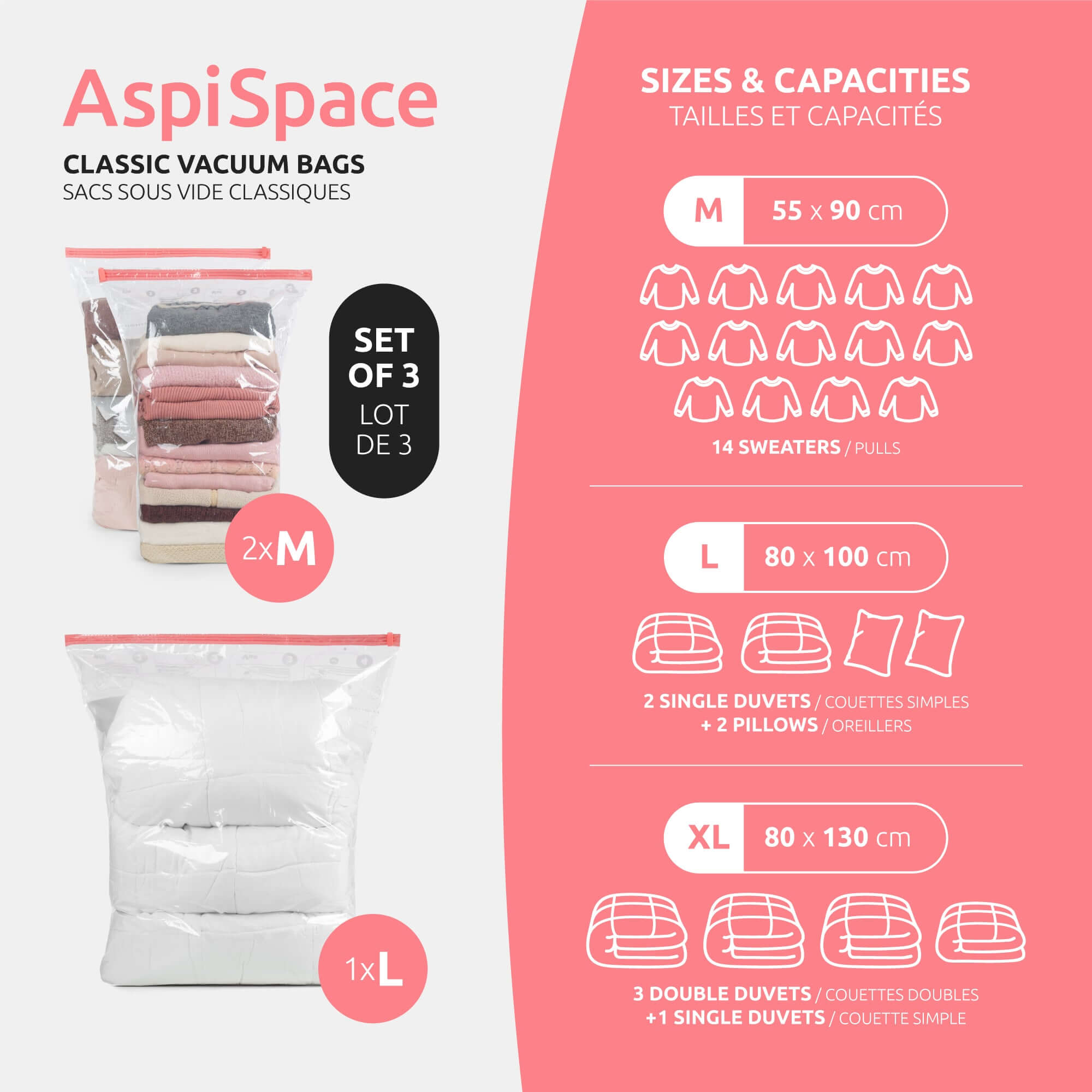Lot de 3 sacs de rangement sous vide Aspispace 2 tailles M + 1 taille L