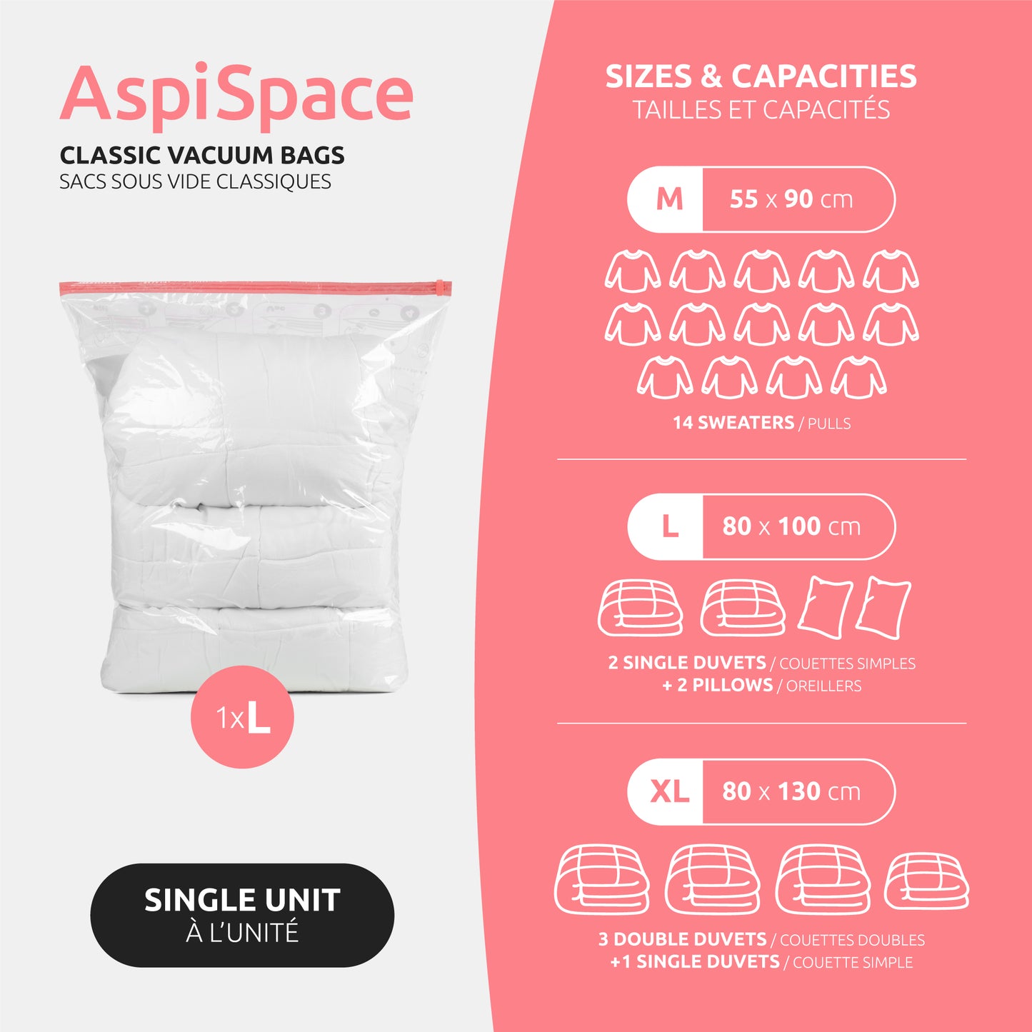 Compactor Sac de rangement sous vide Aspispace L transparent