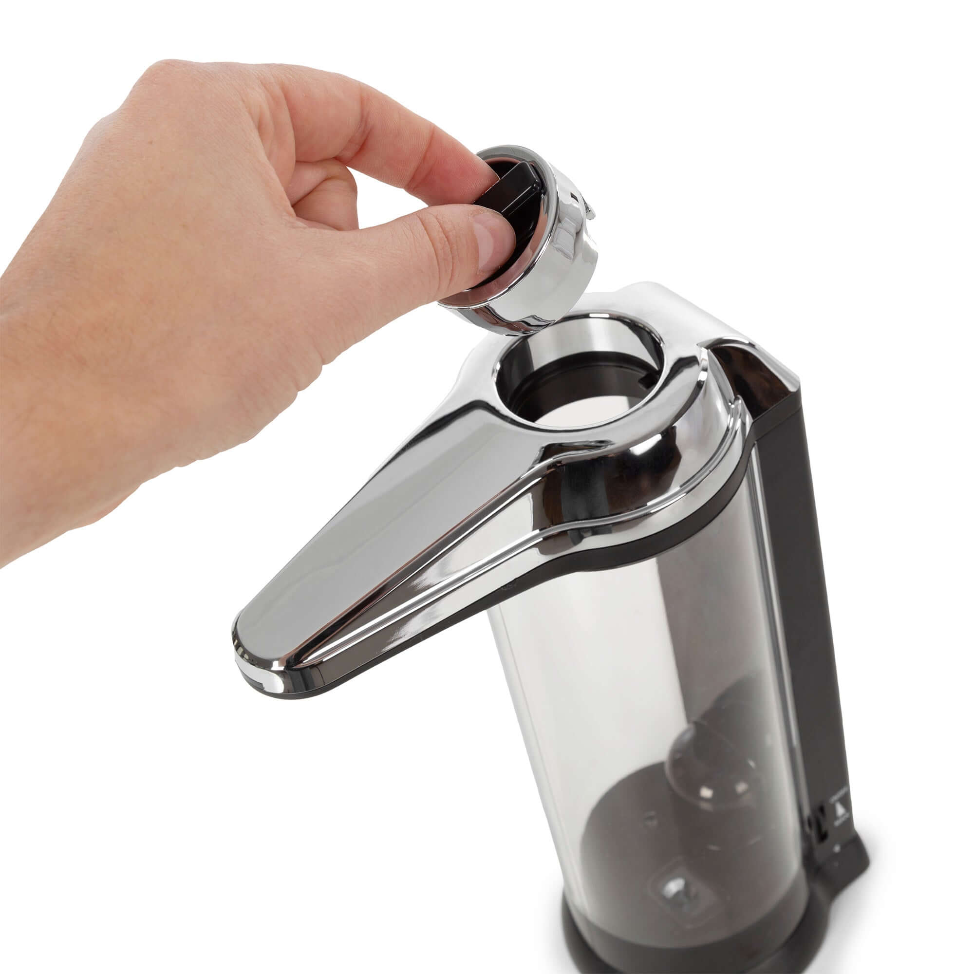 Mostrar dispensador de jabón de encimera automático recargable cromado