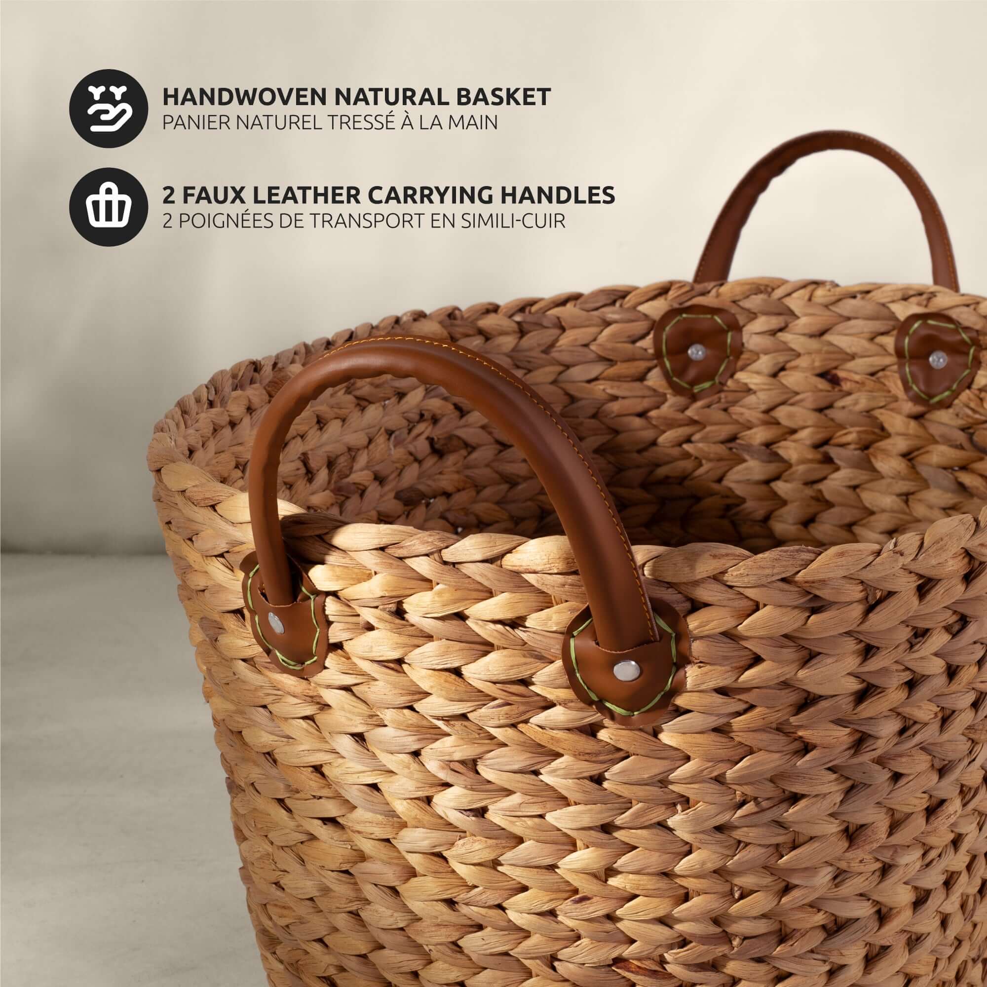 Belize Storage basket, Natural (woven water hyacinth, faux leather