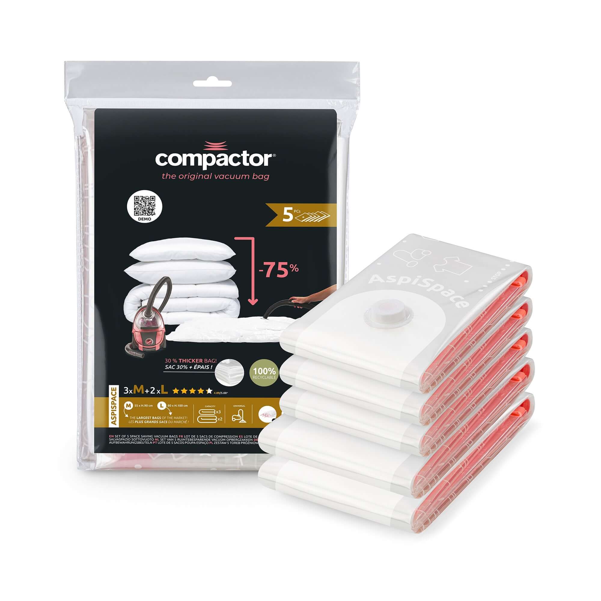 Lot de 5 sacs de rangement sous vide Aspispace 3 tailles M + 2 tailles L