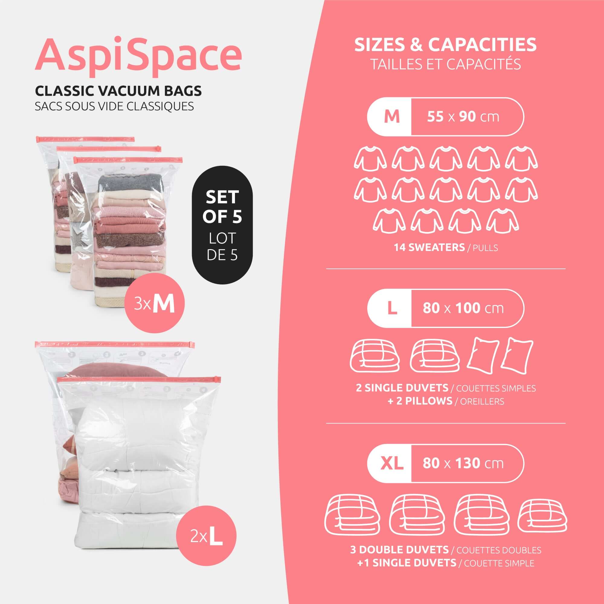 Compactor Pack 5 Bolsas De Almacenamiento Al Vacío Aspispace 3M + 2L Transparente