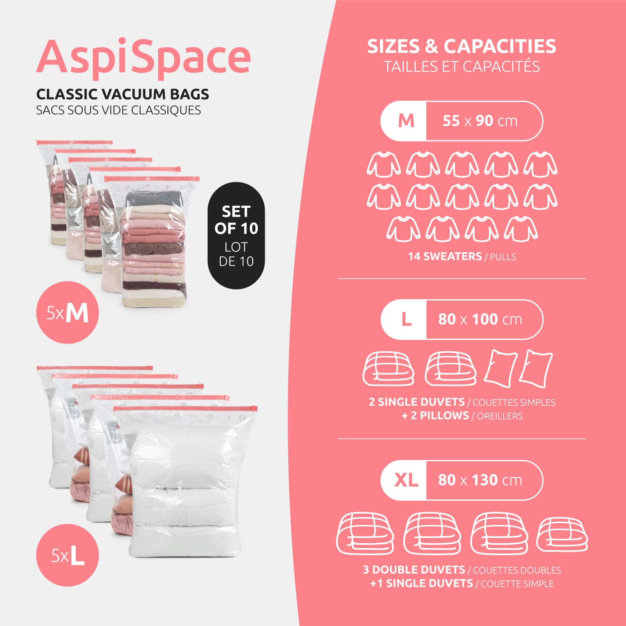 Lot de 10 sacs de rangement sous vide 5  M + 5 L AspiSpace