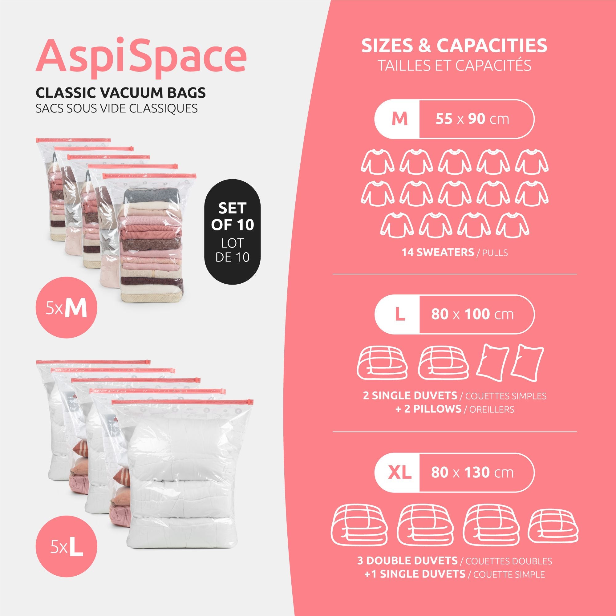 Lot 10 sacs rangement sous vide AspiSpace avec tailles M et L pour vêtements, couettes et linge de maison.