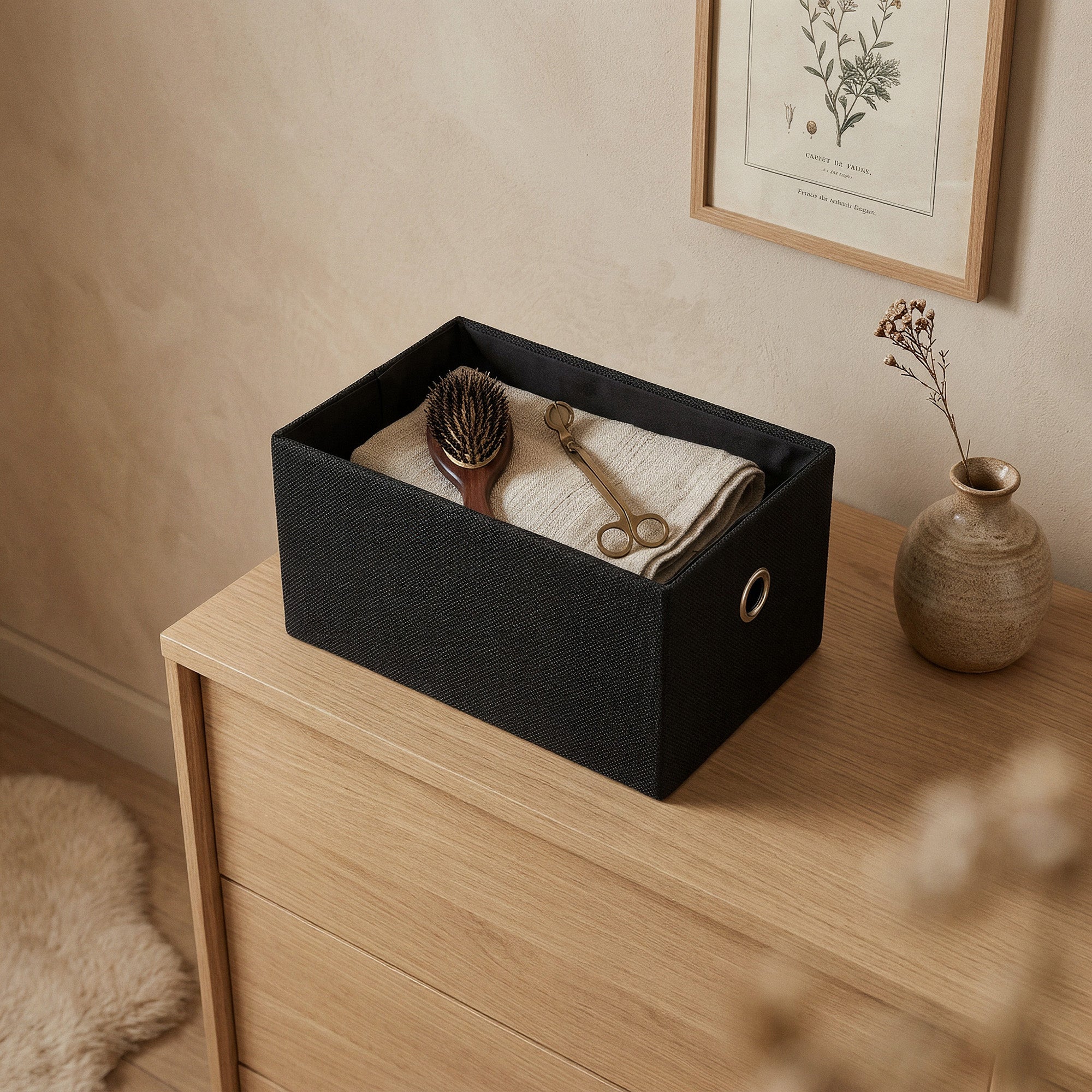Storage basket lined with black York fabric