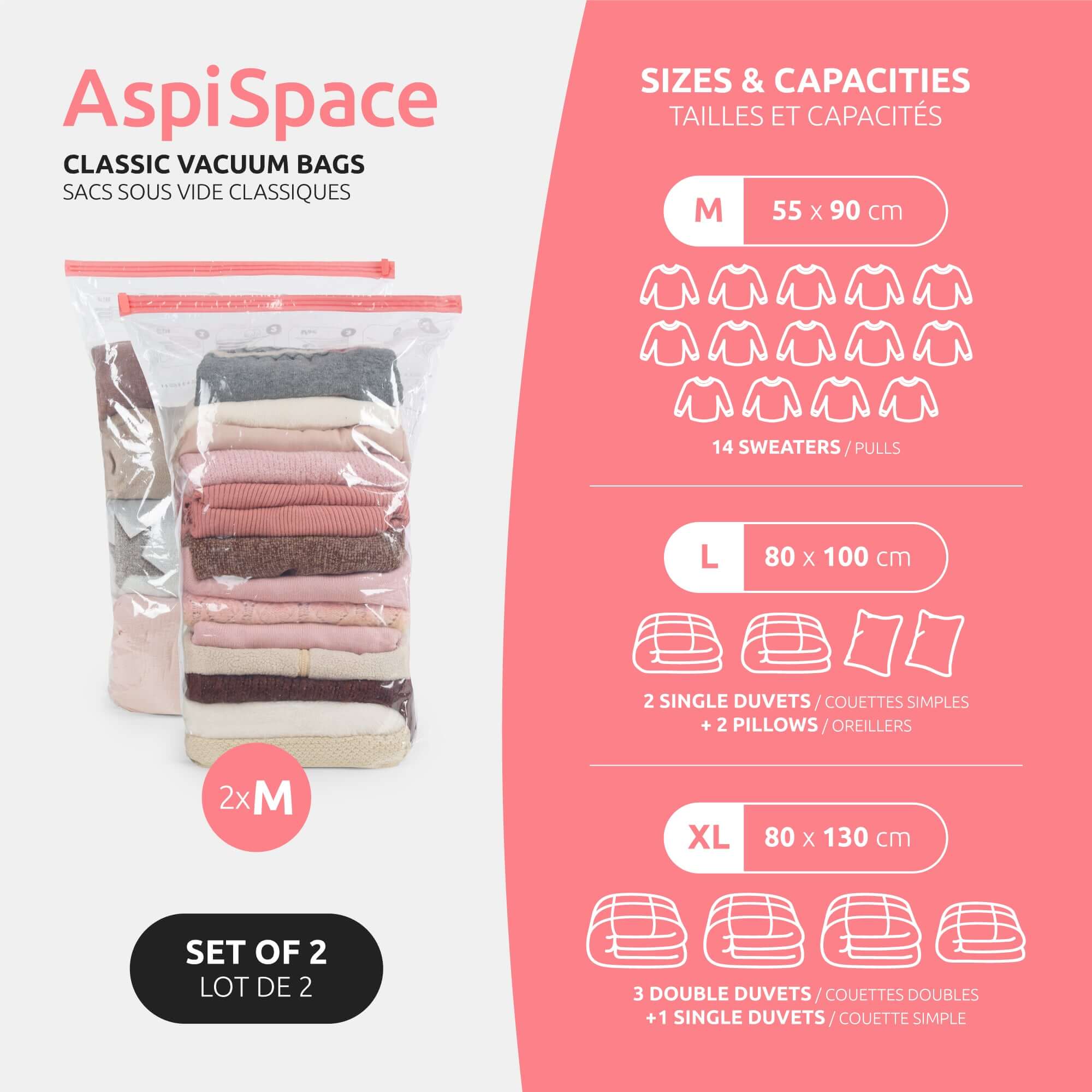 Compactor Pack de 2 bolsas de almacenamiento al vacío transparentes Aspispace M
