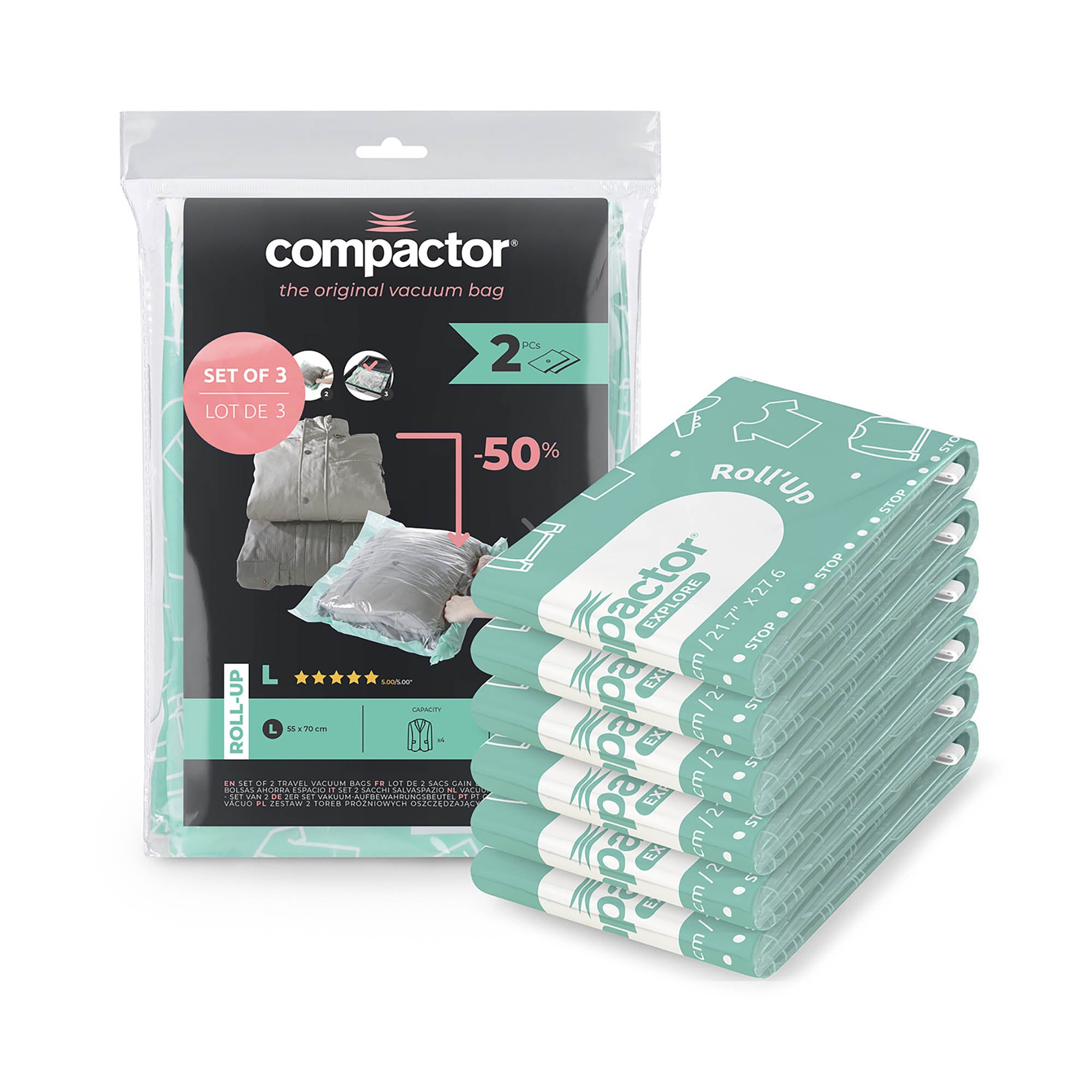 Juego de 6 bolsas de vacío enrollables para viaje