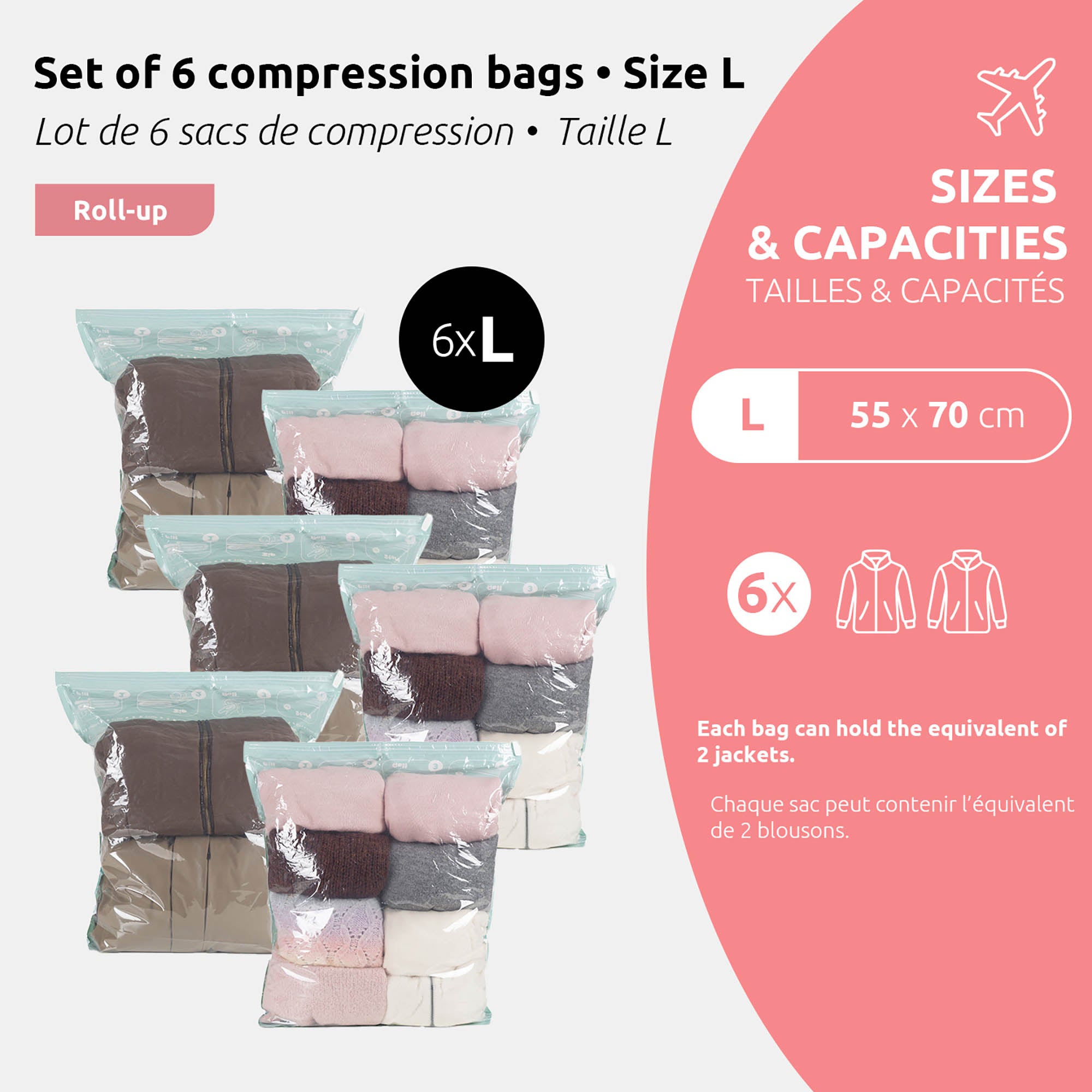 Juego de 6 bolsas de vacío enrollables para viaje