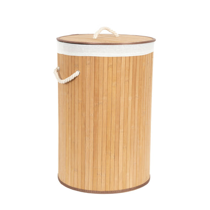 Cesto para la ropa sucia redondo de bambú con tapa e interior de tela Alba