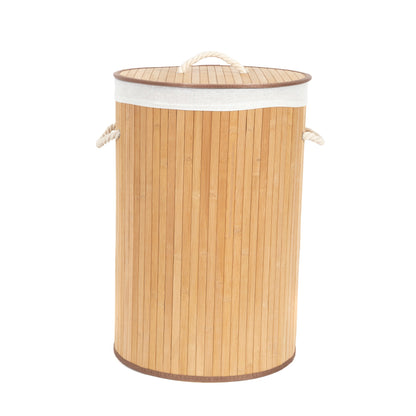 Cesto para la ropa sucia redondo de bambú con tapa e interior de tela Alba