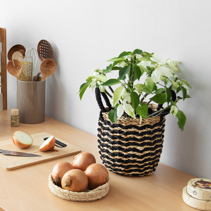 Panier de rangement rond avec anses S Flora naturel et noir