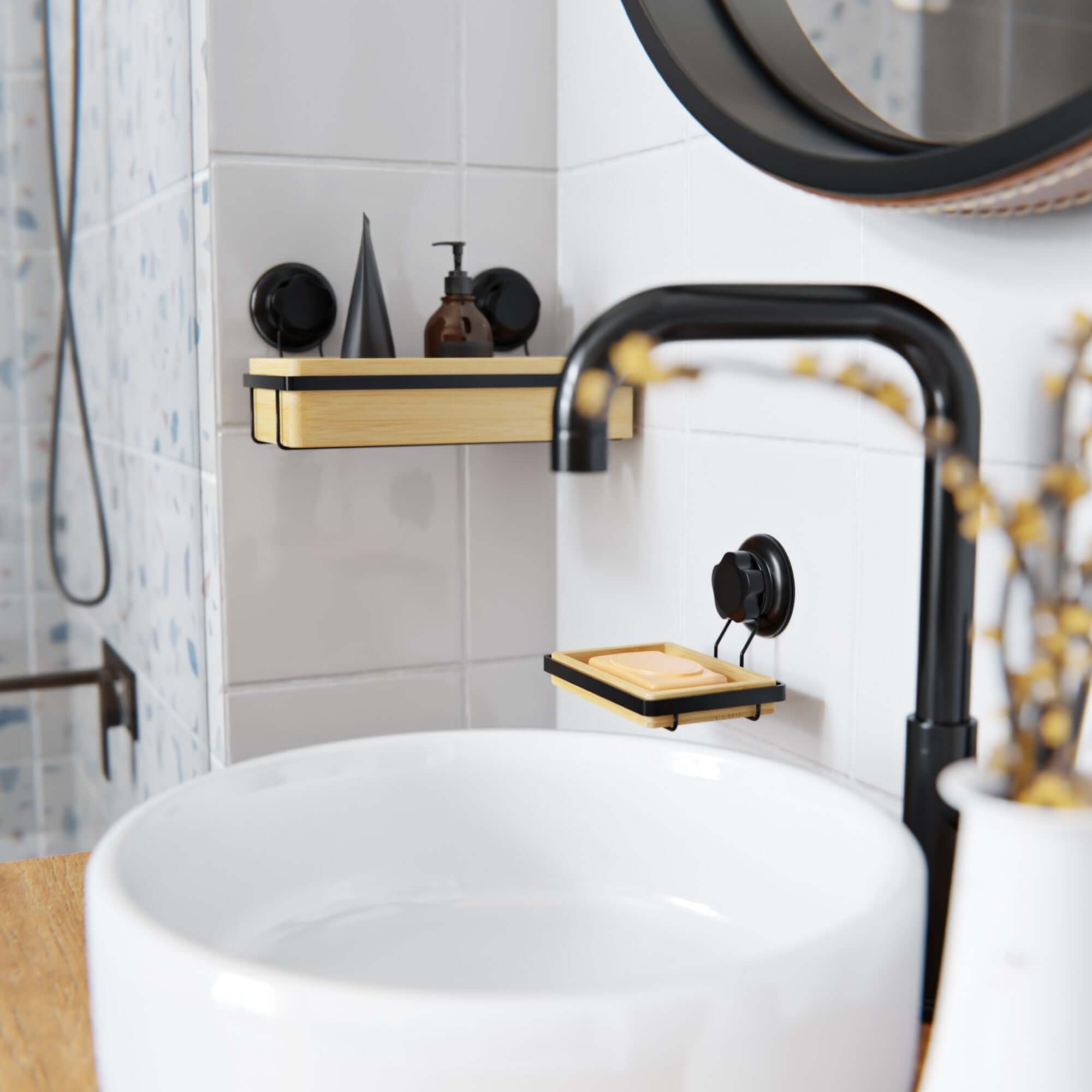 Porte savon mural en bambou à ventouse Bestlock Spa noir