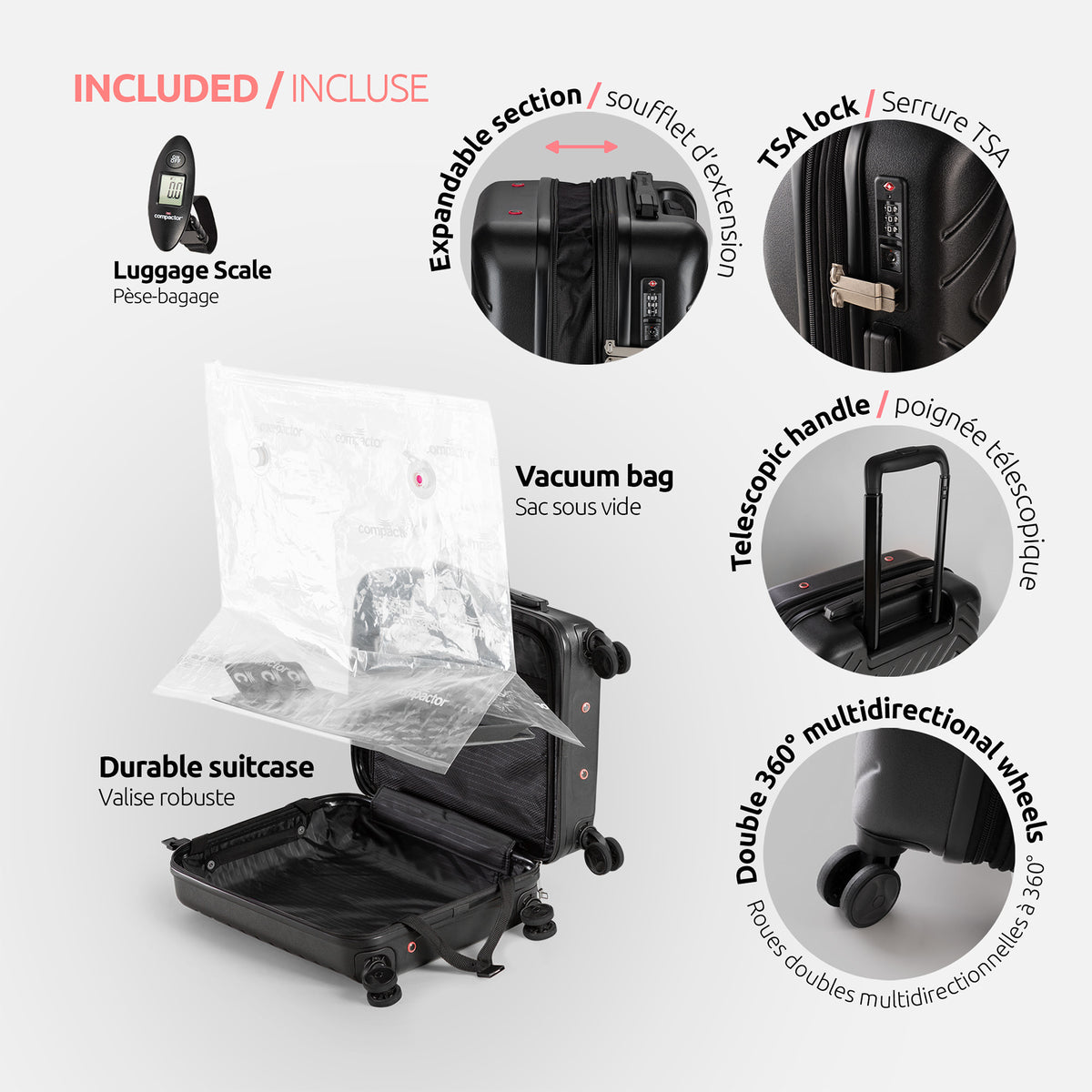 Valise cabine gain de place + pèse valise + pompe manuelle