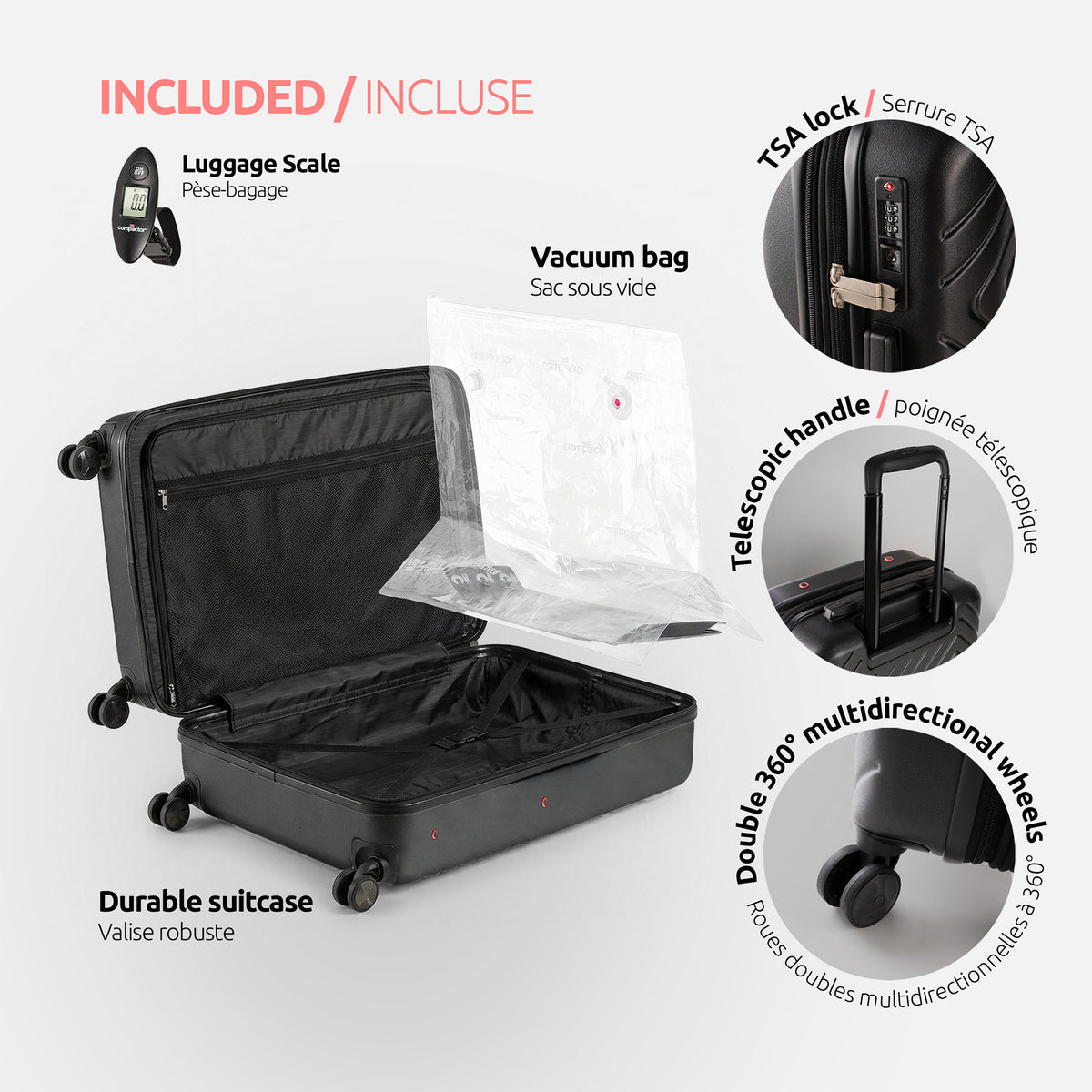 Lot 3 valises gain de place cabine-L-XL + pèse valise + pompe manuelle