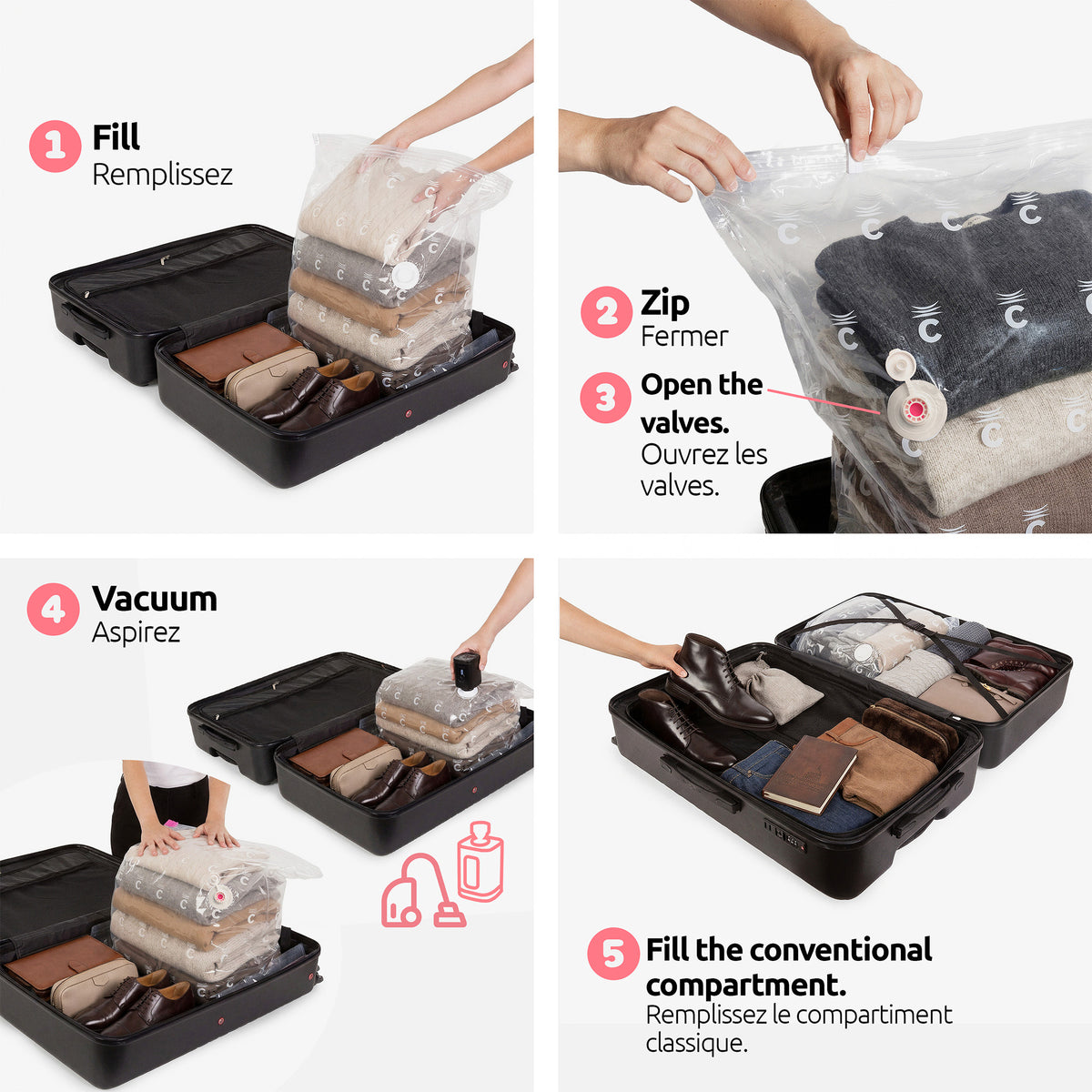Lot 3 valises gain de place cabine-L-XL + pèse valise + pompe manuelle