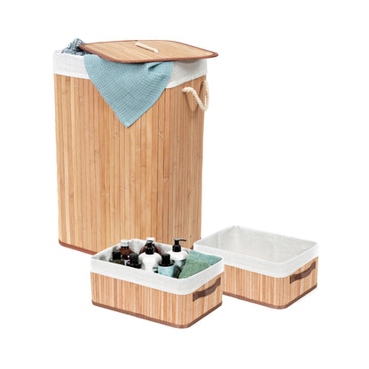 Set de 1 cesto para la ropa sucia + 2 cestos de almacenaje de bambú con tejido natural Ross