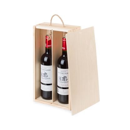 Caja de pino natural para 2 botellas de vino moscatel