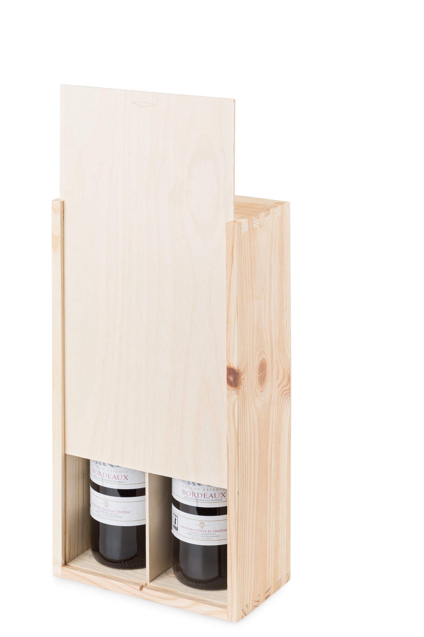 Caja de pino natural para 2 botellas de vino moscatel