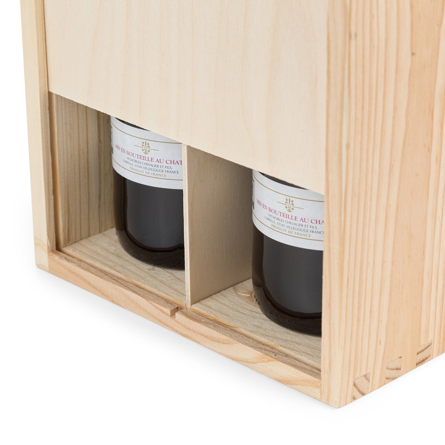 Caja de pino natural para 2 botellas de vino moscatel