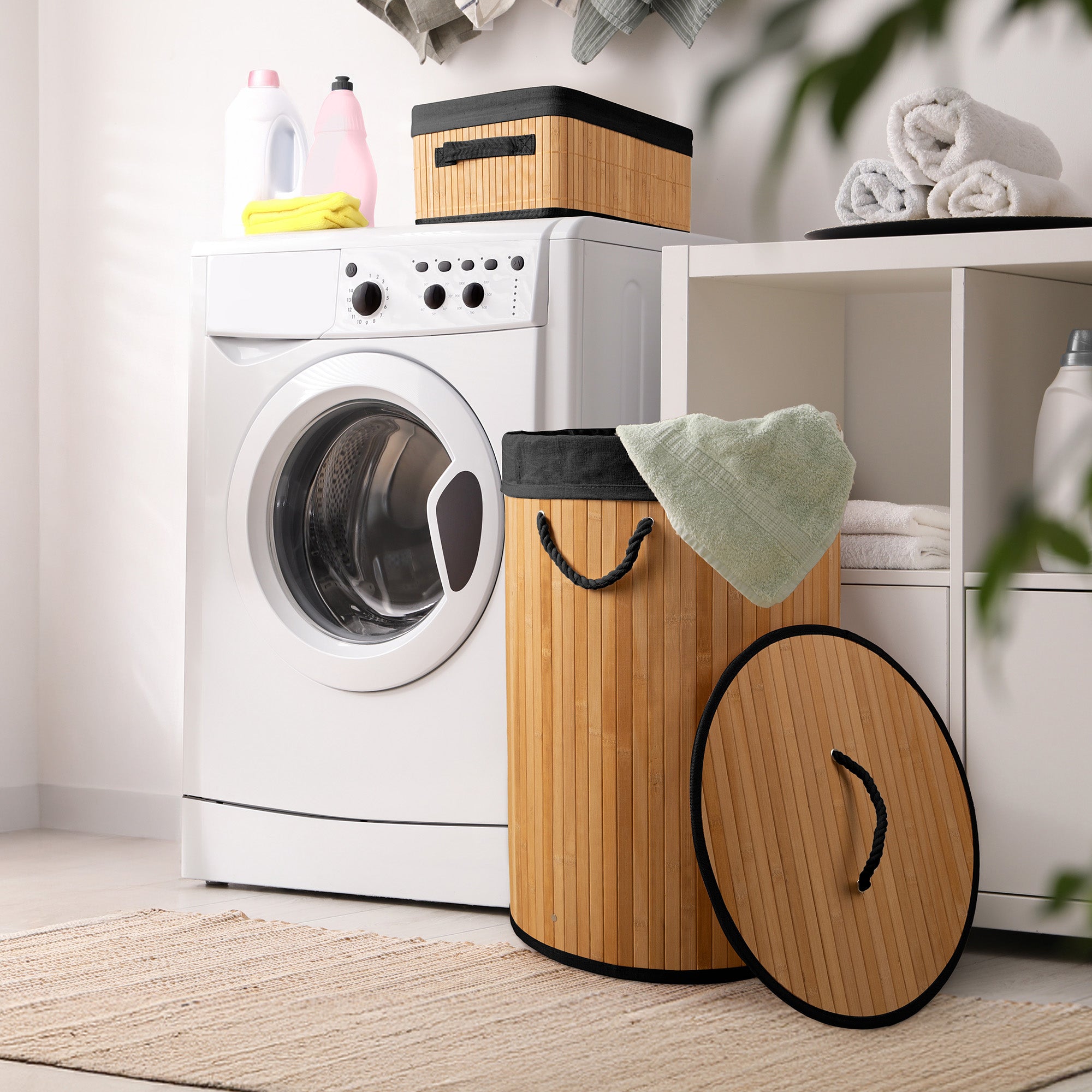 Panier à linge rond en bambou avec couvercle