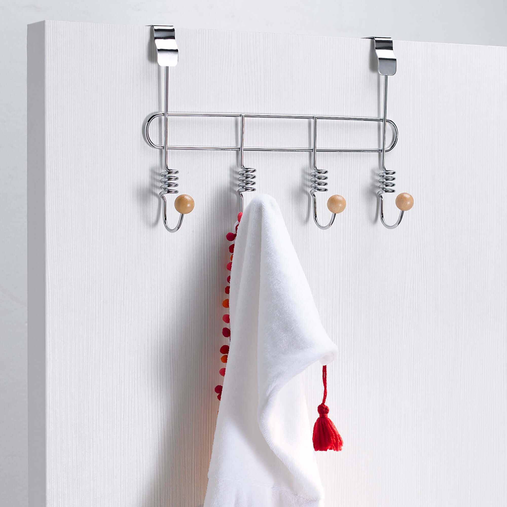 Gancho para puerta 4 ganchos en espiral cromado y madera