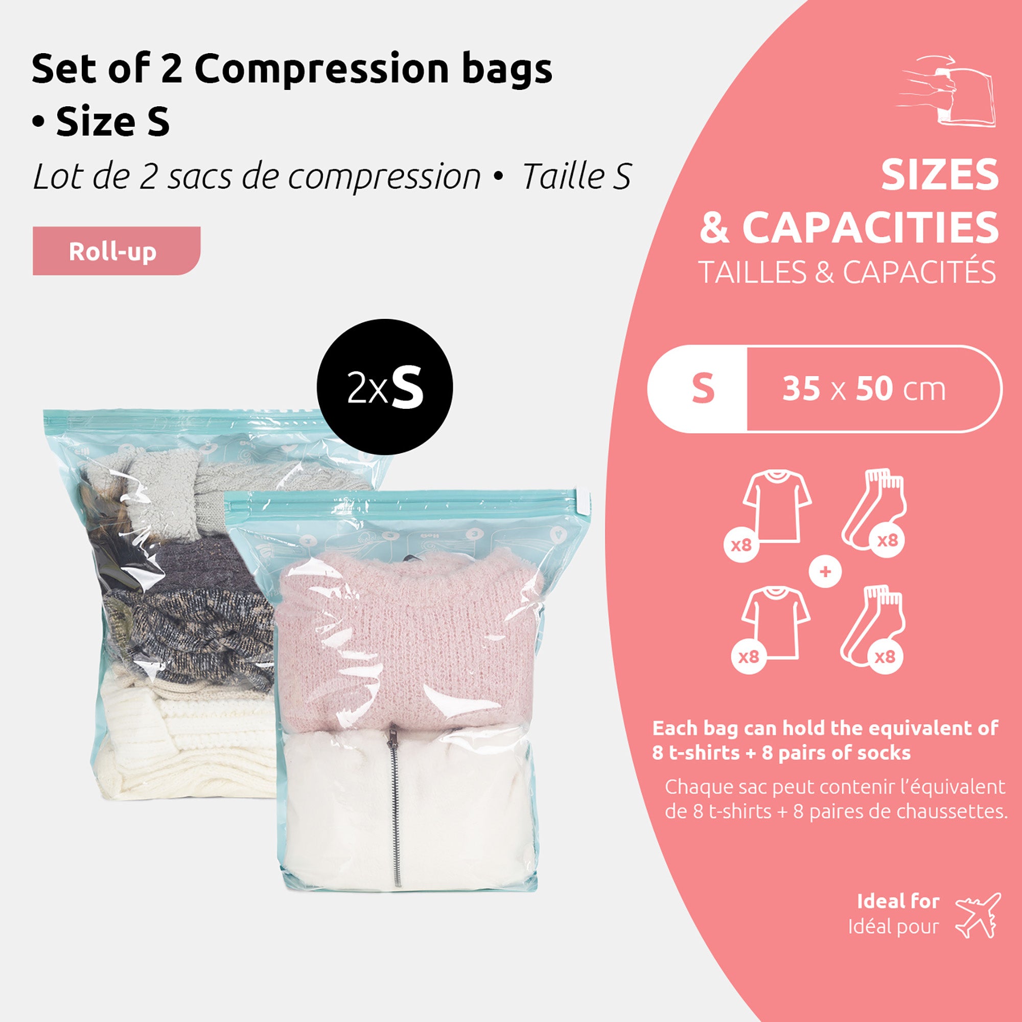 Lot de 2 sacs sous vide de voyage Roll-up