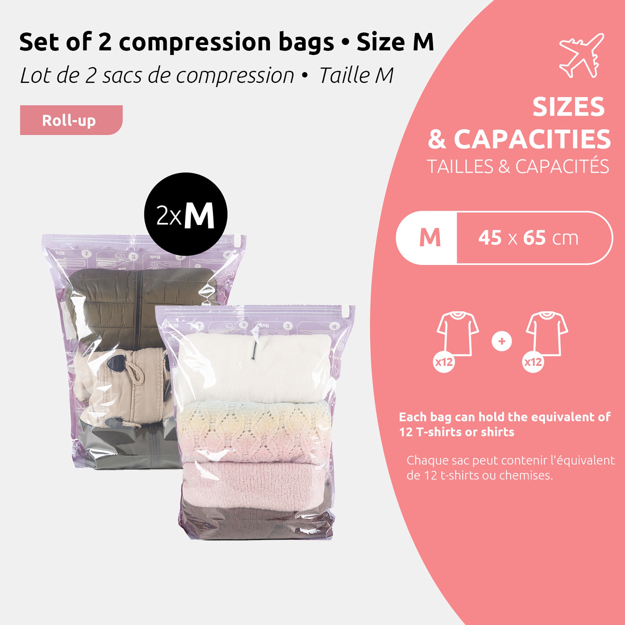 Lot de 2 sacs sous vide de voyage Roll-up