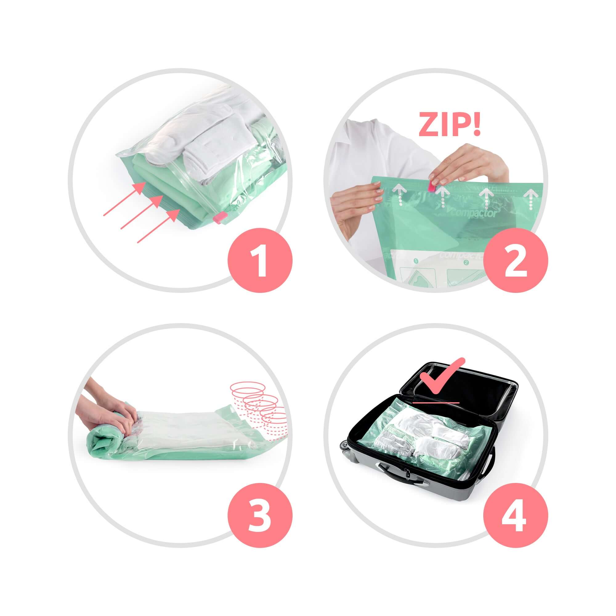 Lot de 6 sacs de rangement sous vide manuels 2S + 2M + 2L Roll-Up