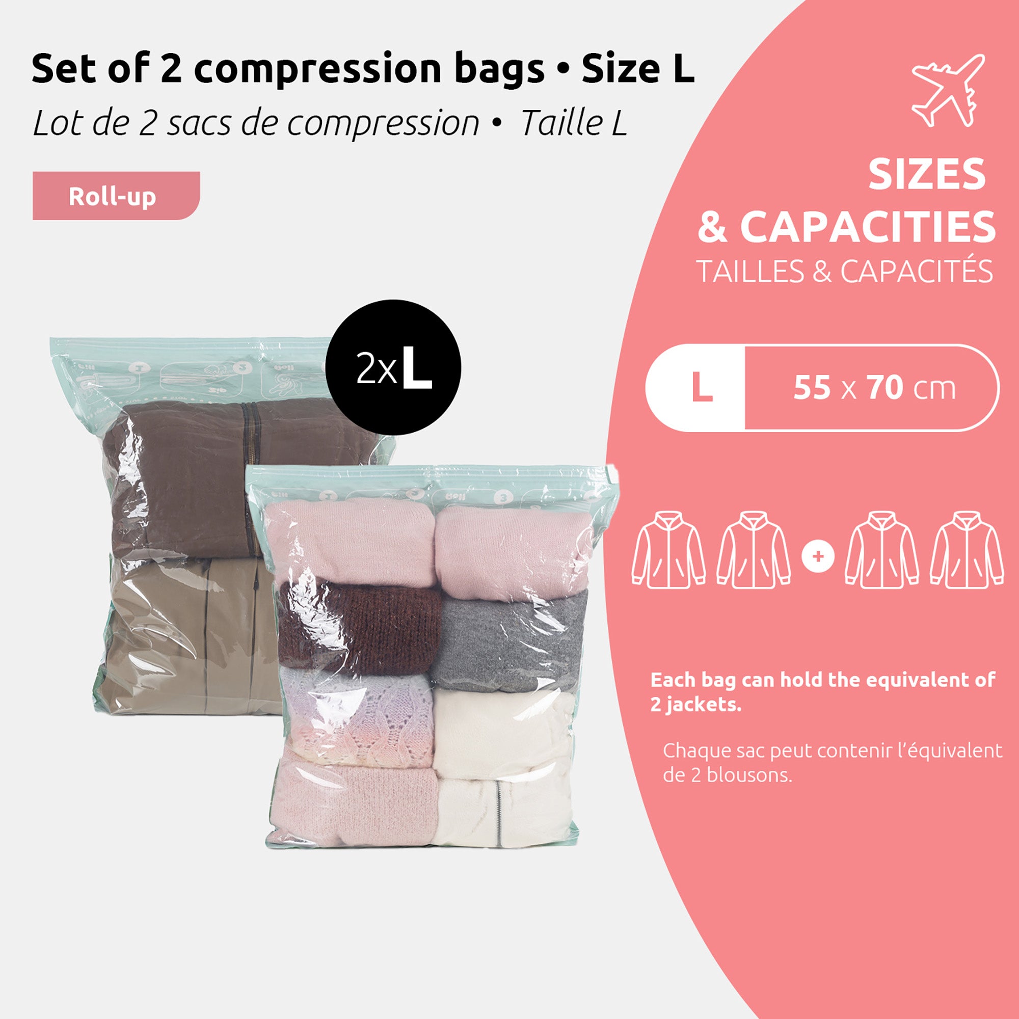 Lot de 2 sacs sous vide de voyage Roll-up