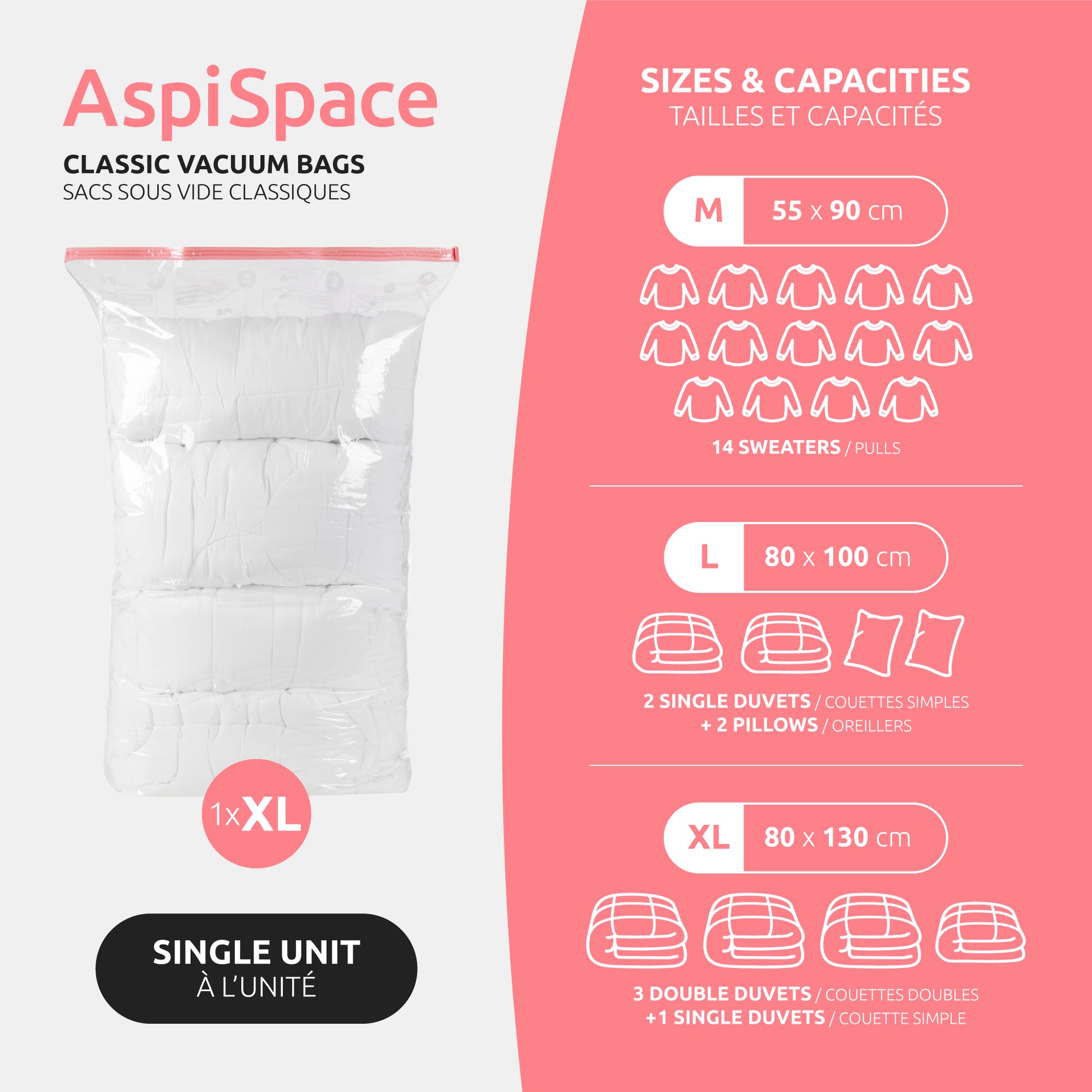 Sac rangement sous vide Aspispace Capacité de stockage