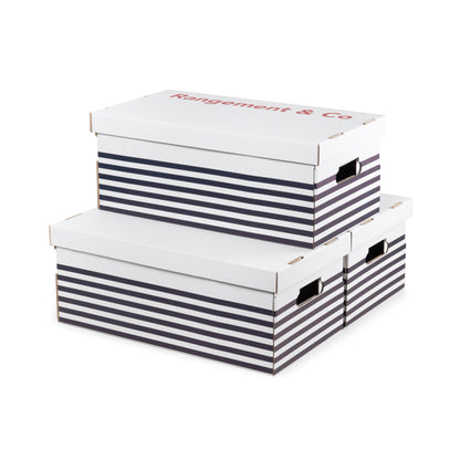 Lot de 3 boîtes en cartons Marinière blanches, marine et rouges
