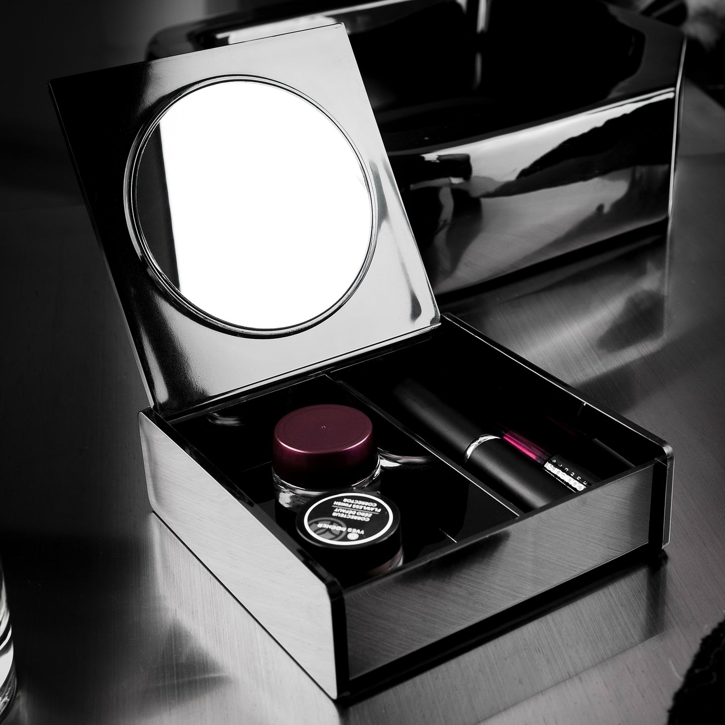 Boîte de rangement avec miroir pour maquillage et bijoux Cosmetic noire
