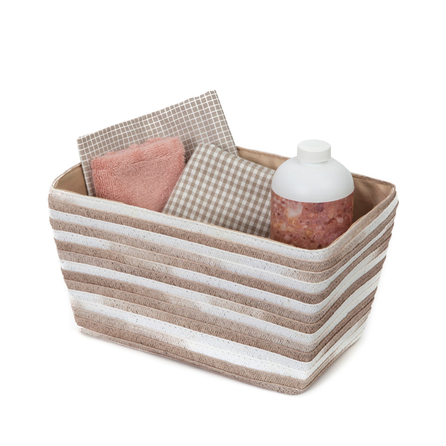 Panier de rangement avec tissu intérieur Fidji beige et blanc